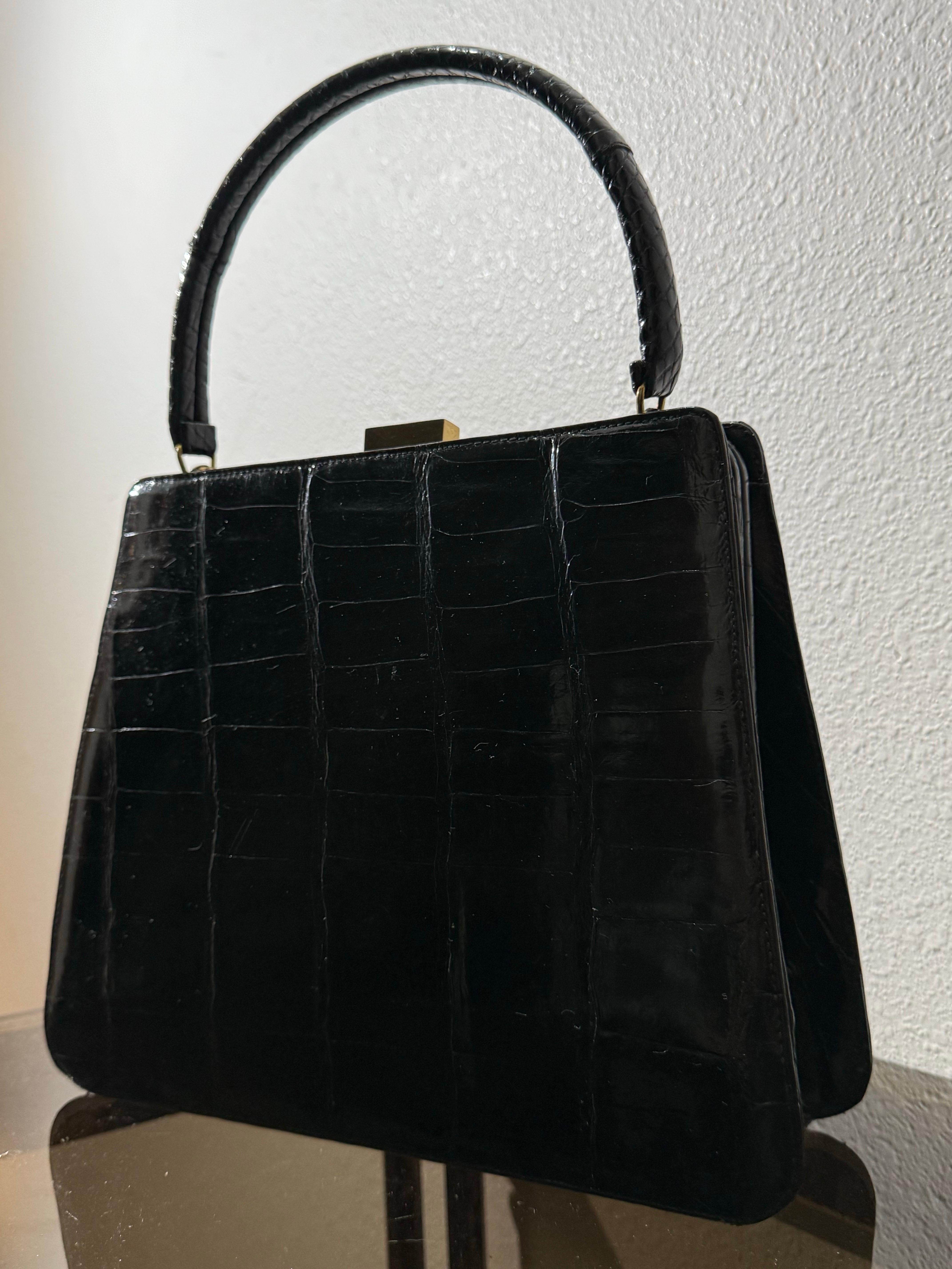 Bellestone 1960, borsa da donna in alligatore nero con manico superiore - immacolata 1