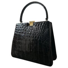 1960s Bellestone Black Alligator Lady-Like Top Handle Handbag - Pristine