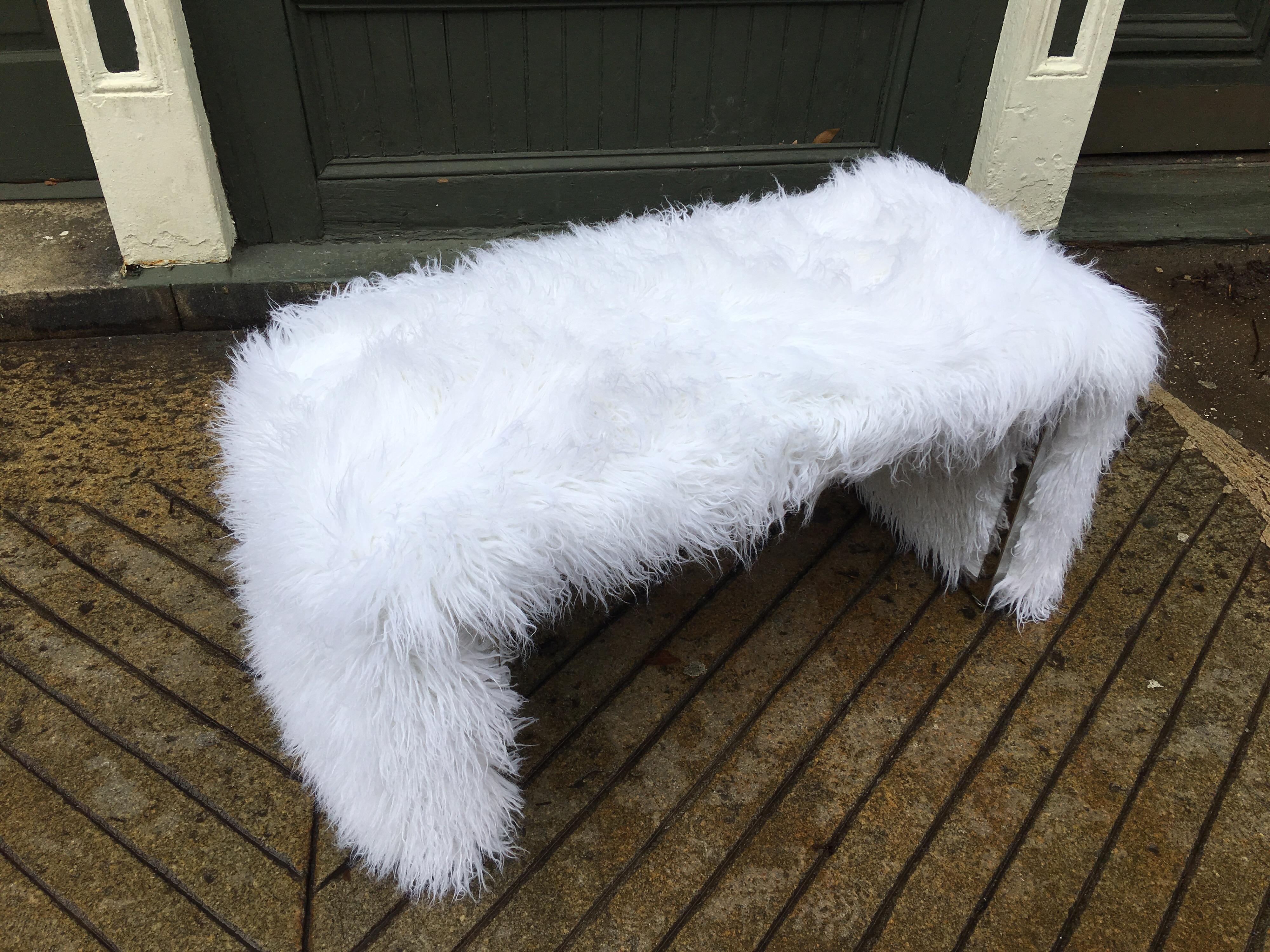 Mid-Century Modern 1960s Bench in Faux Alpaca Fur with Chrome Frame