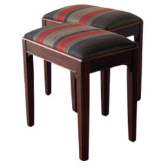 1960's Bench Stools, Set of 2, Original Vintage Roman Stripe Upholstery, Walnut