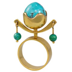 1960s Bent Exner Turquoise and Gold Kinetic TOTEM Ring