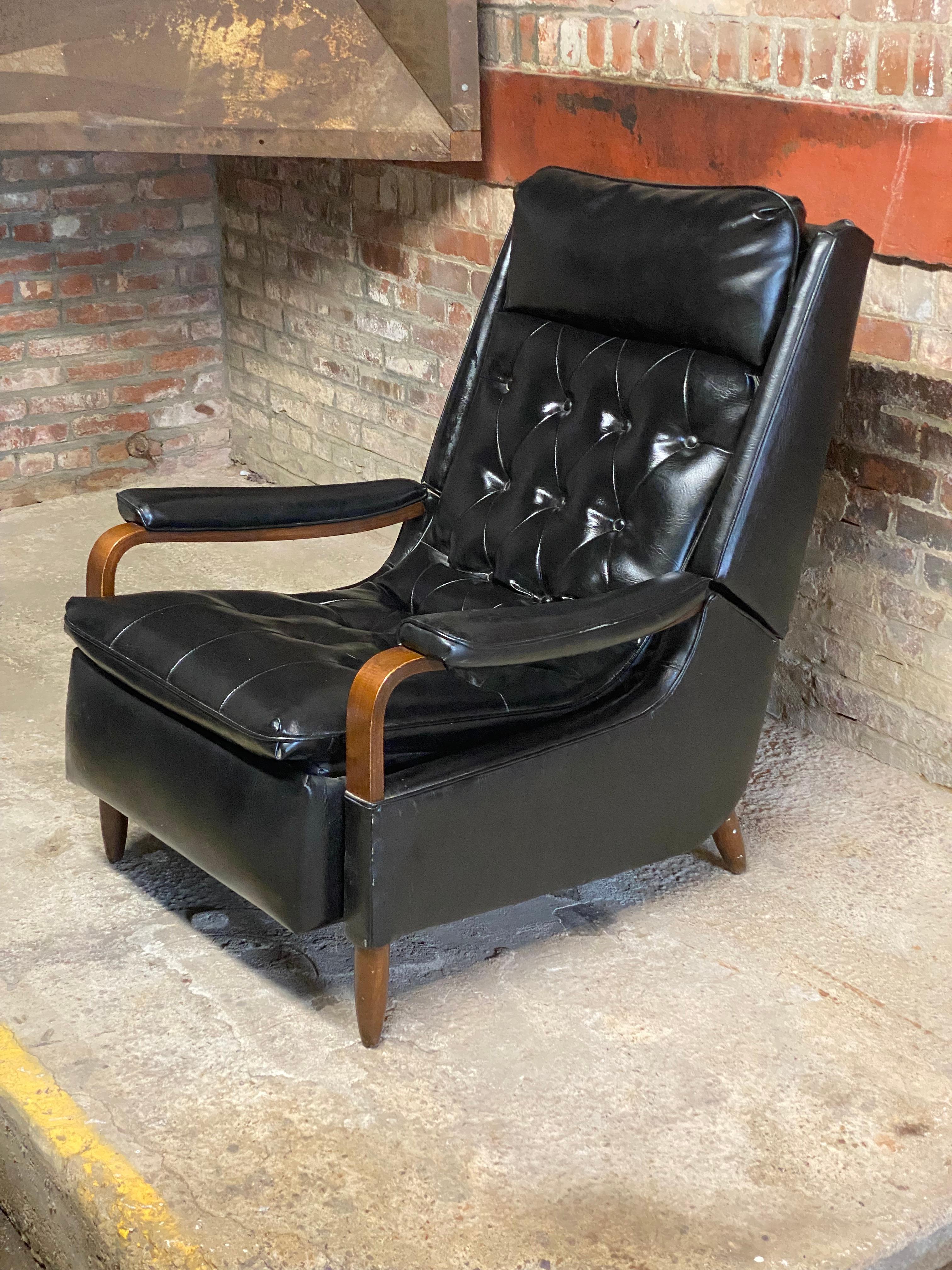 American 1960s Bentwood and Tufted Vinyl Recliner