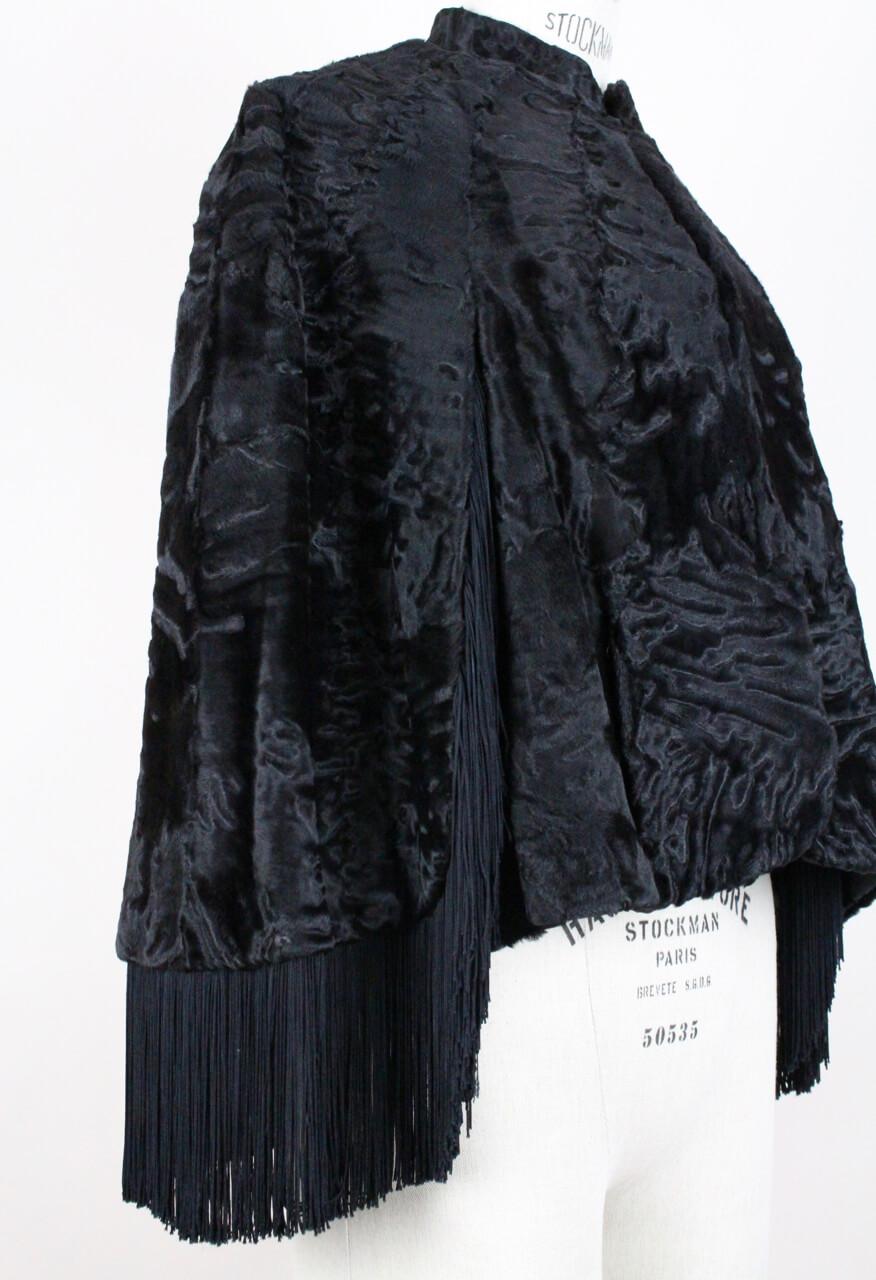 1960s Bepe Création de Paris Black Fringed Persian Lamb Fur Cape Jacket 2