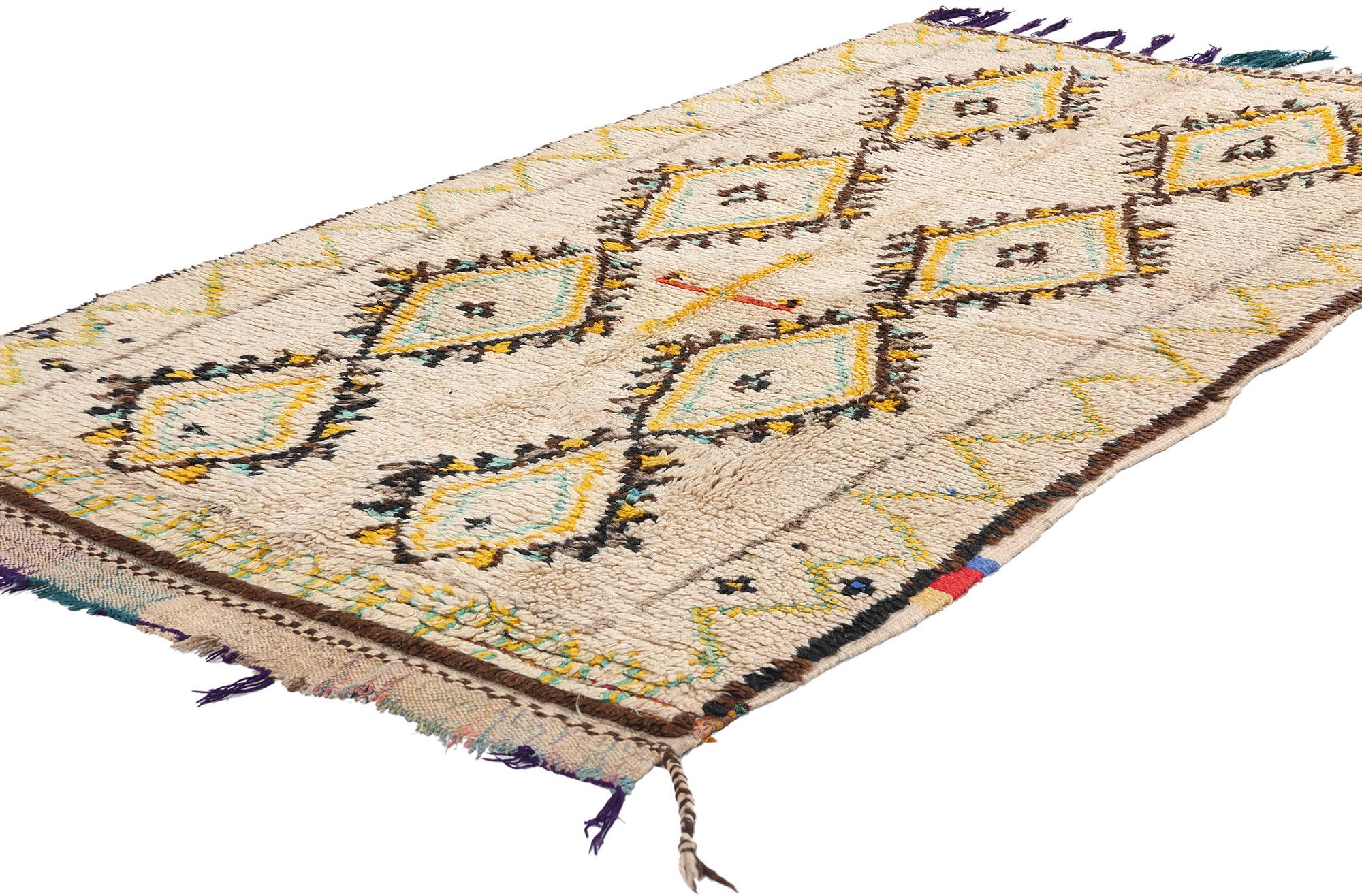 20050 Vintage Berber Moroccan Azilal Rug, 03'08 x 07'00. Intricately hand-knotted from wool, this vintage Berber Moroccan Azilal rug unveils a mesmerizing array of symbols and motifs woven with meticulous detail. Dominating the composition are two