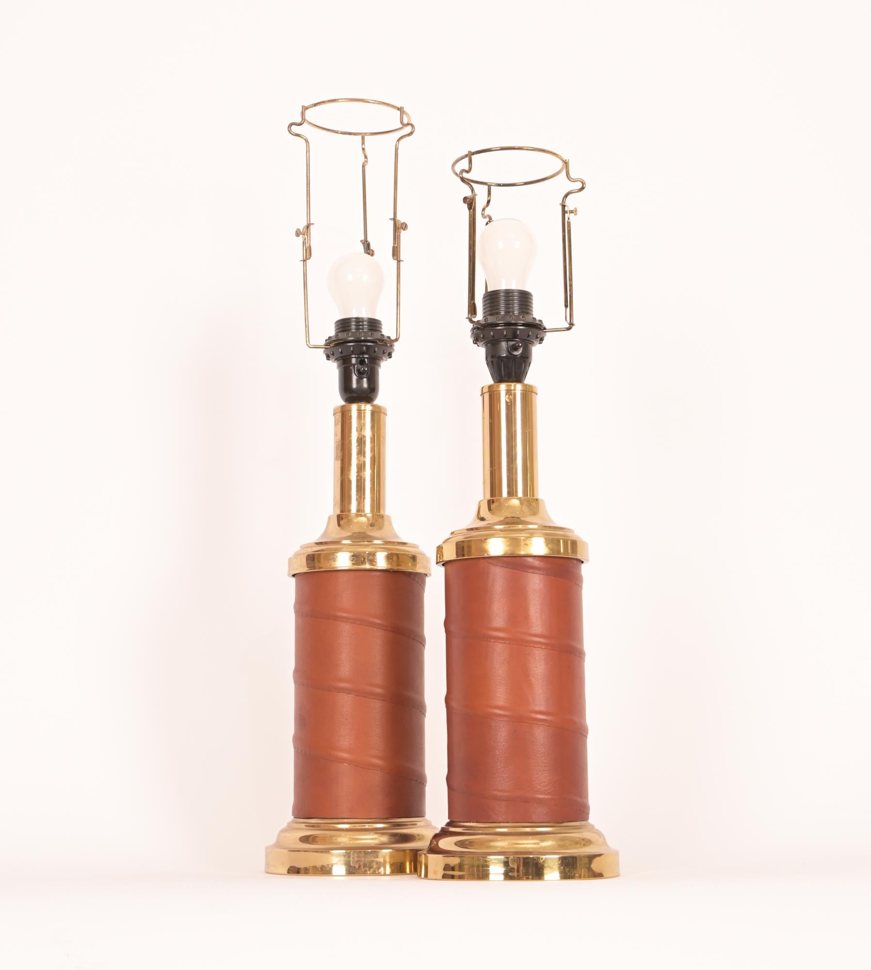 Brass 1960s Bergboms B50 Leather Table Lamps