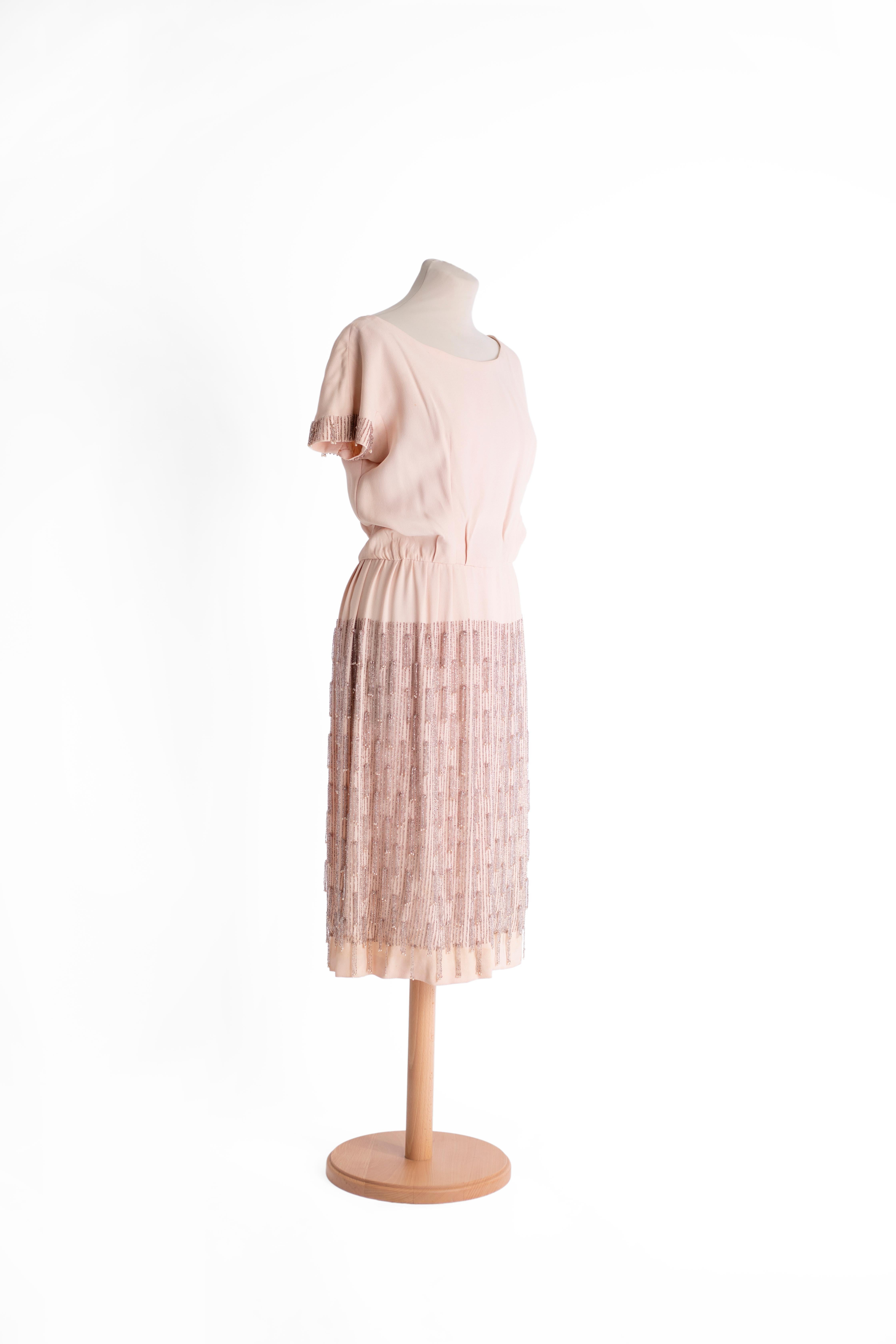1960s Bernard Sagardoy light pink vintage dress with beaded skirt In Good Condition For Sale In Milano, IT