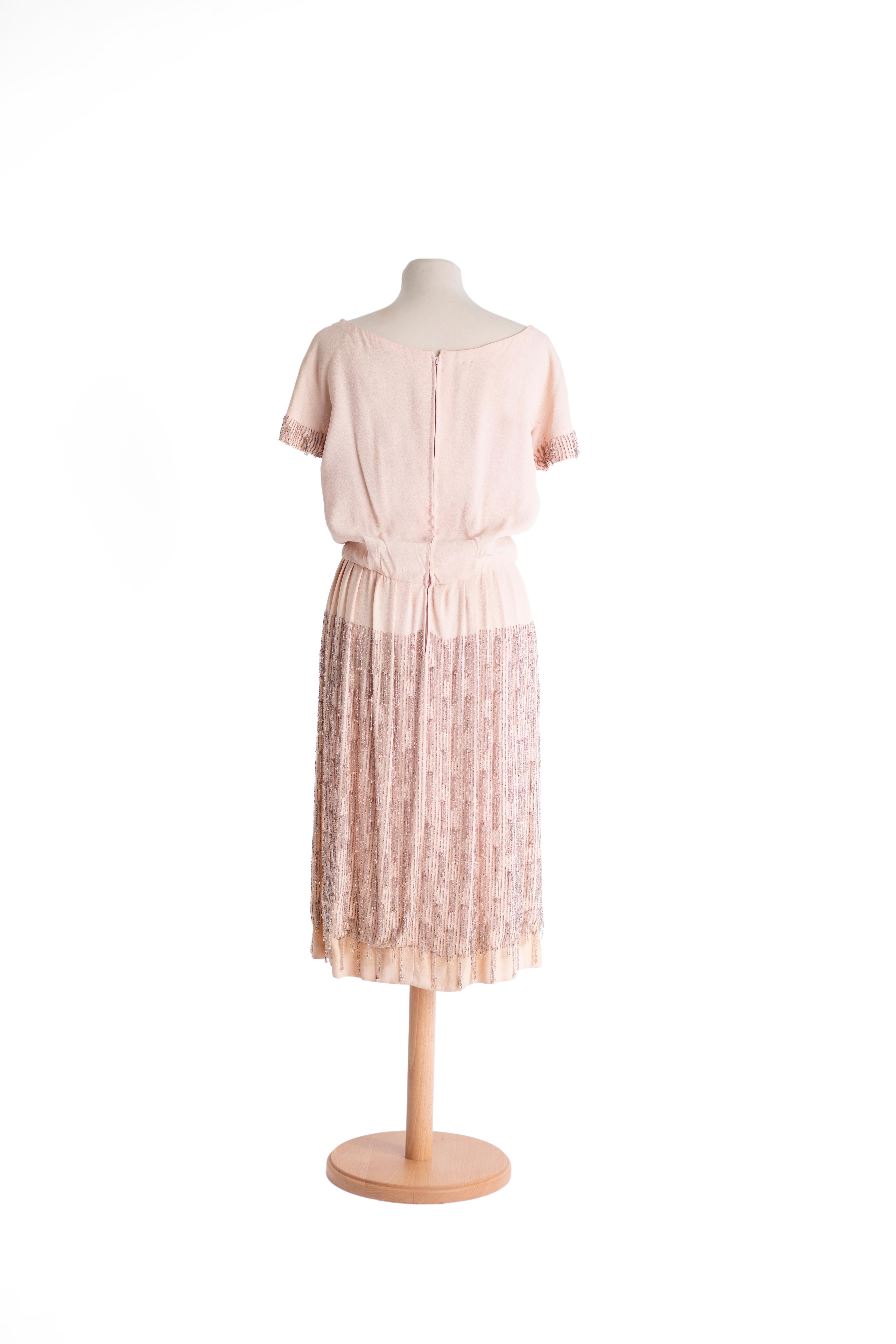 Women's 1960s Bernard Sagardoy light pink vintage dress with beaded skirt For Sale