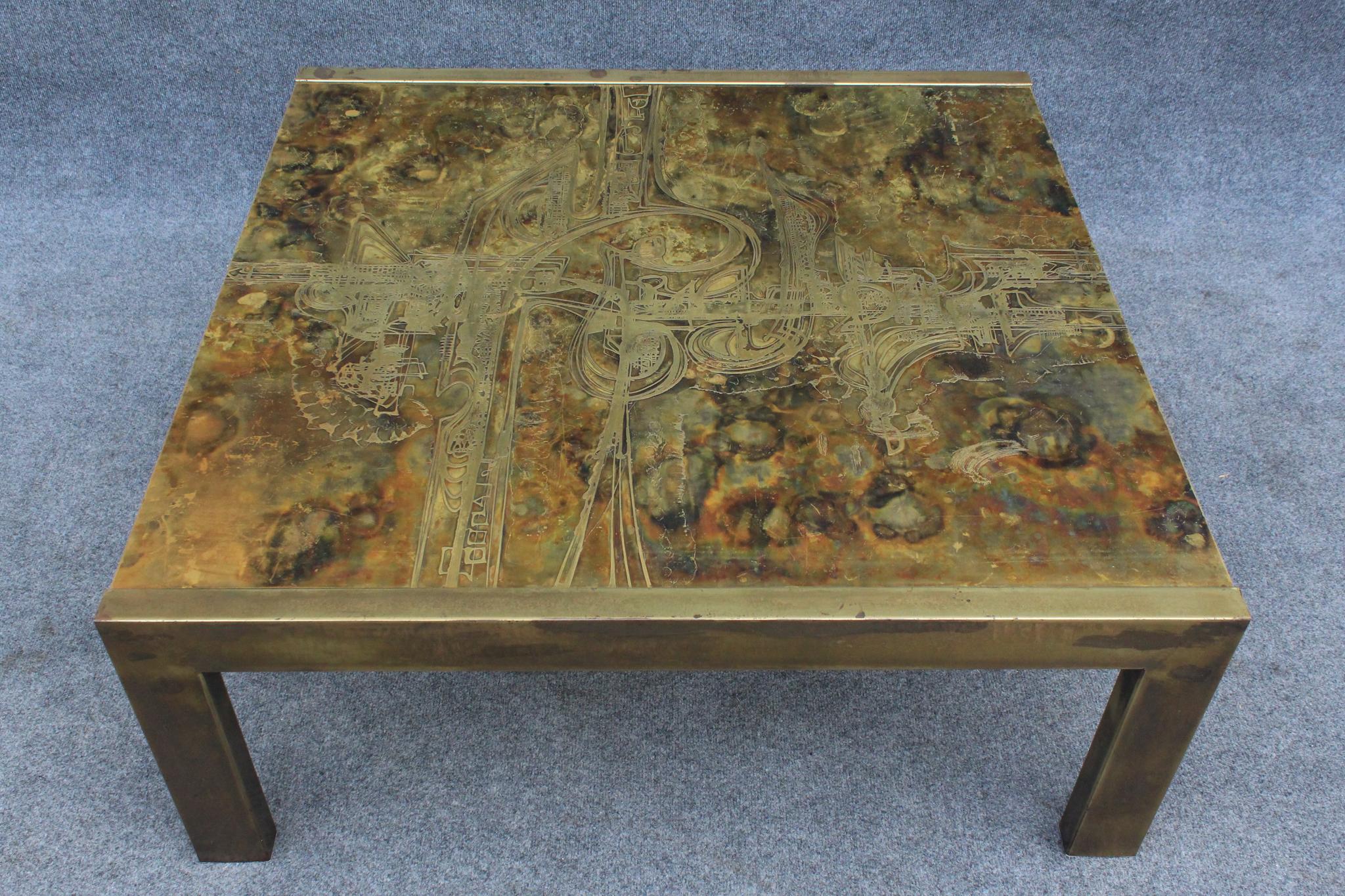 Mid-Century Modern Table basse en laiton décapé à l'acide Bernhard Rohne pour Mastercraft, années 1960, Milieu du siècle en vente