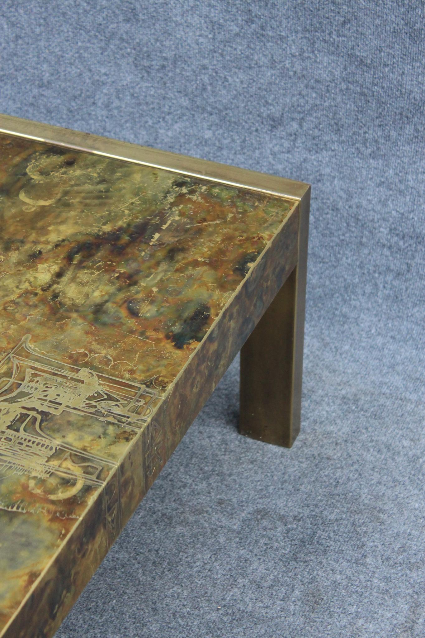 American 1960s Bernhard Rohne for Mastercraft Acid-Etched Brass Coffee Table Mid Century For Sale