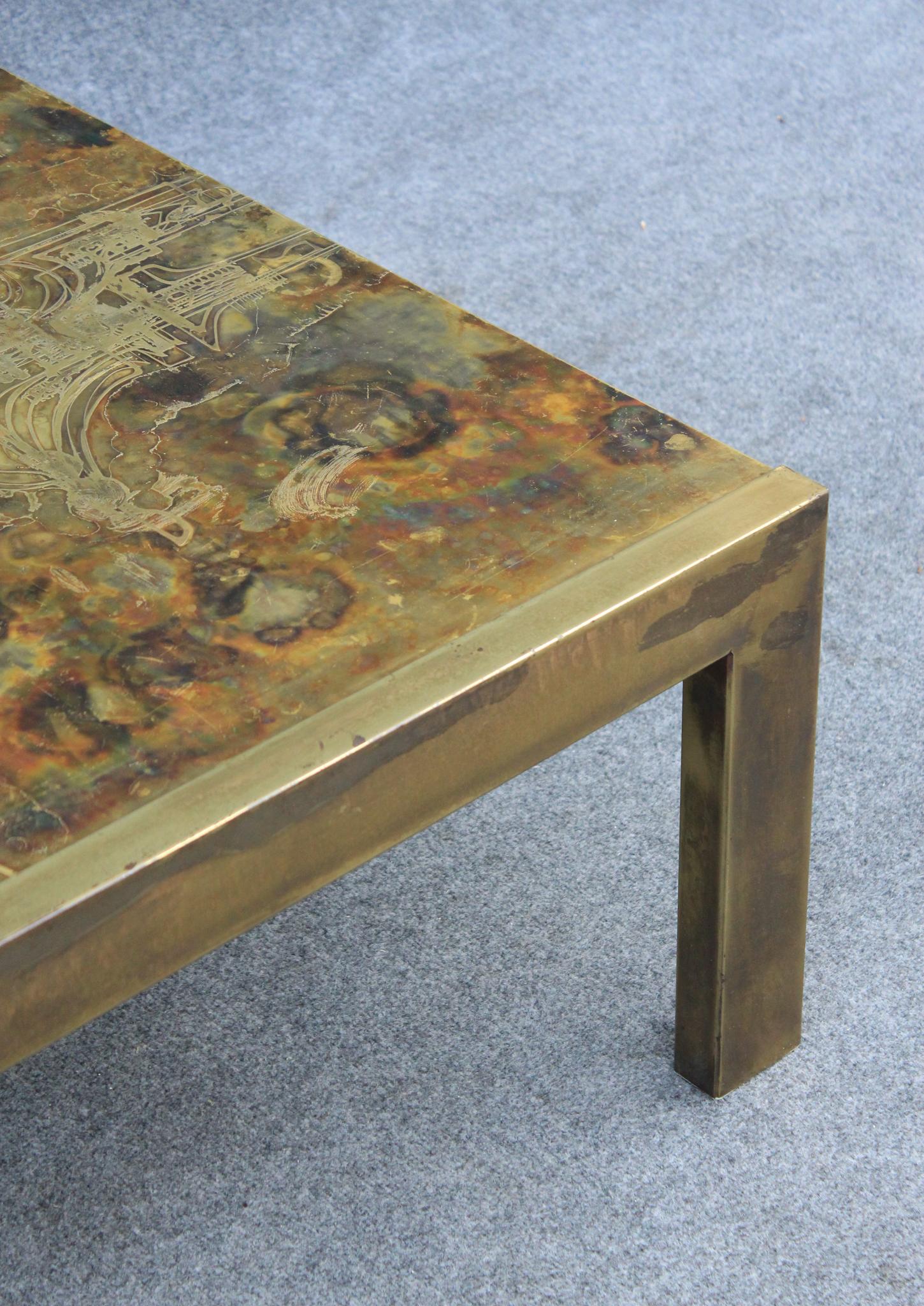 1960s Bernhard Rohne for Mastercraft Acid-Etched Brass Coffee Table Mid Century In Good Condition For Sale In Philadelphia, PA