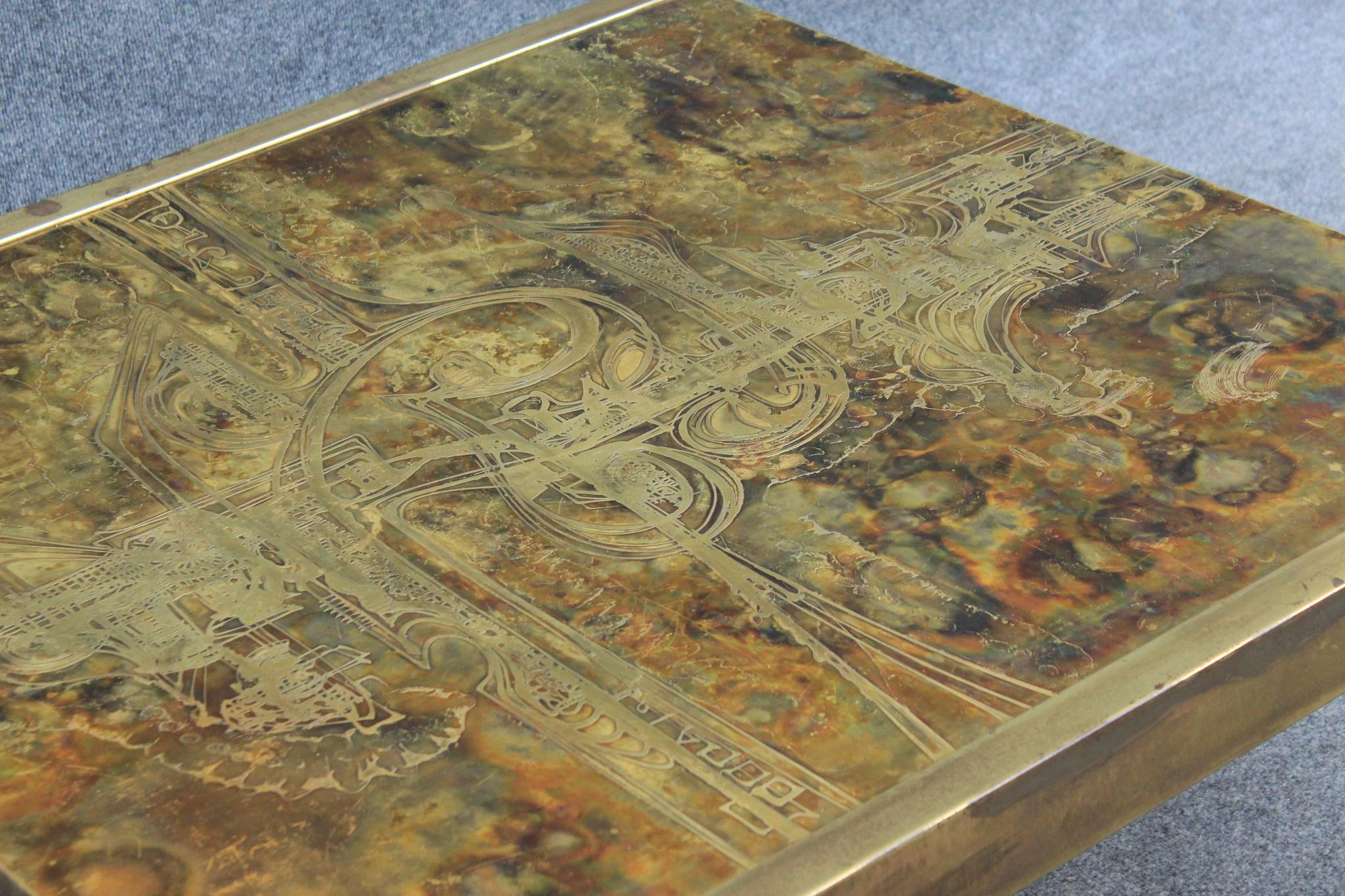 1960s Bernhard Rohne for Mastercraft Acid-Etched Brass Coffee Table Mid Century For Sale 3