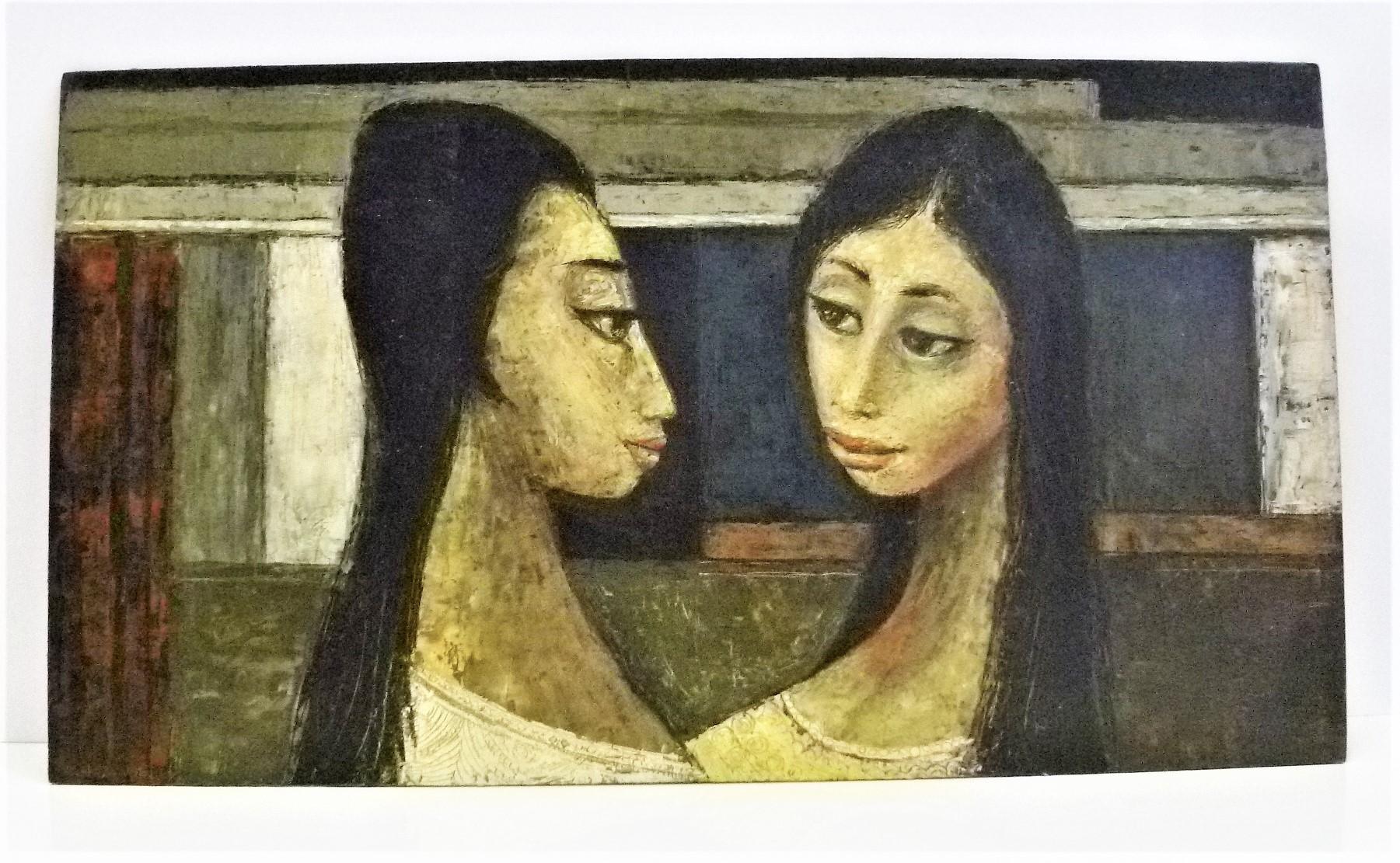 Vintage midcentury framed oil painting by Bert Pumphrey (1916-2000) of two women, Dos Damas. An oil on board (masonite), it is in his distinctive style of two long necked exotic Mexican women, a country he moved to either in the late 40s or early