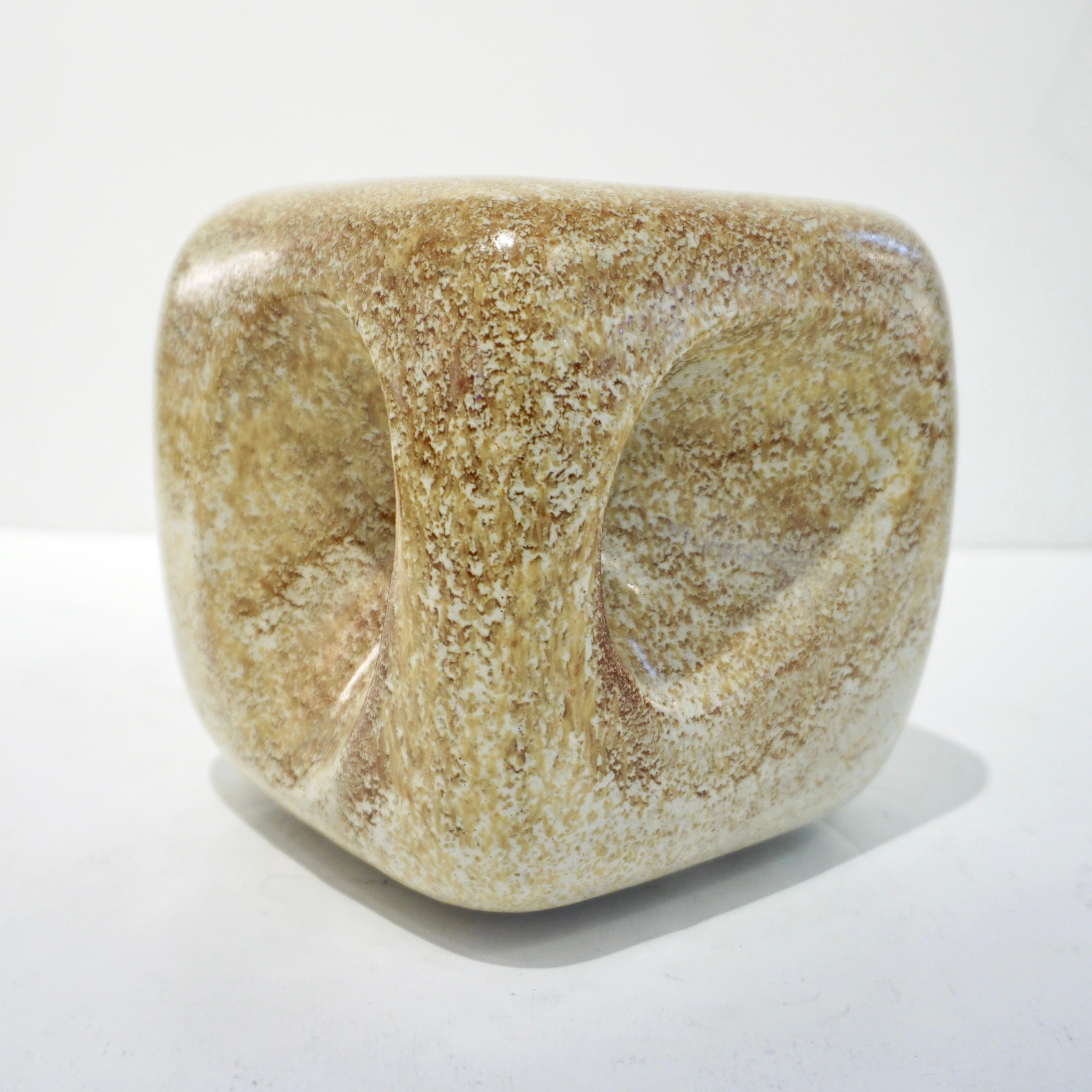 1960s Bertoncello Italian Vintage Ceramic Abstract Sculpture Beige Cubic Vase 1