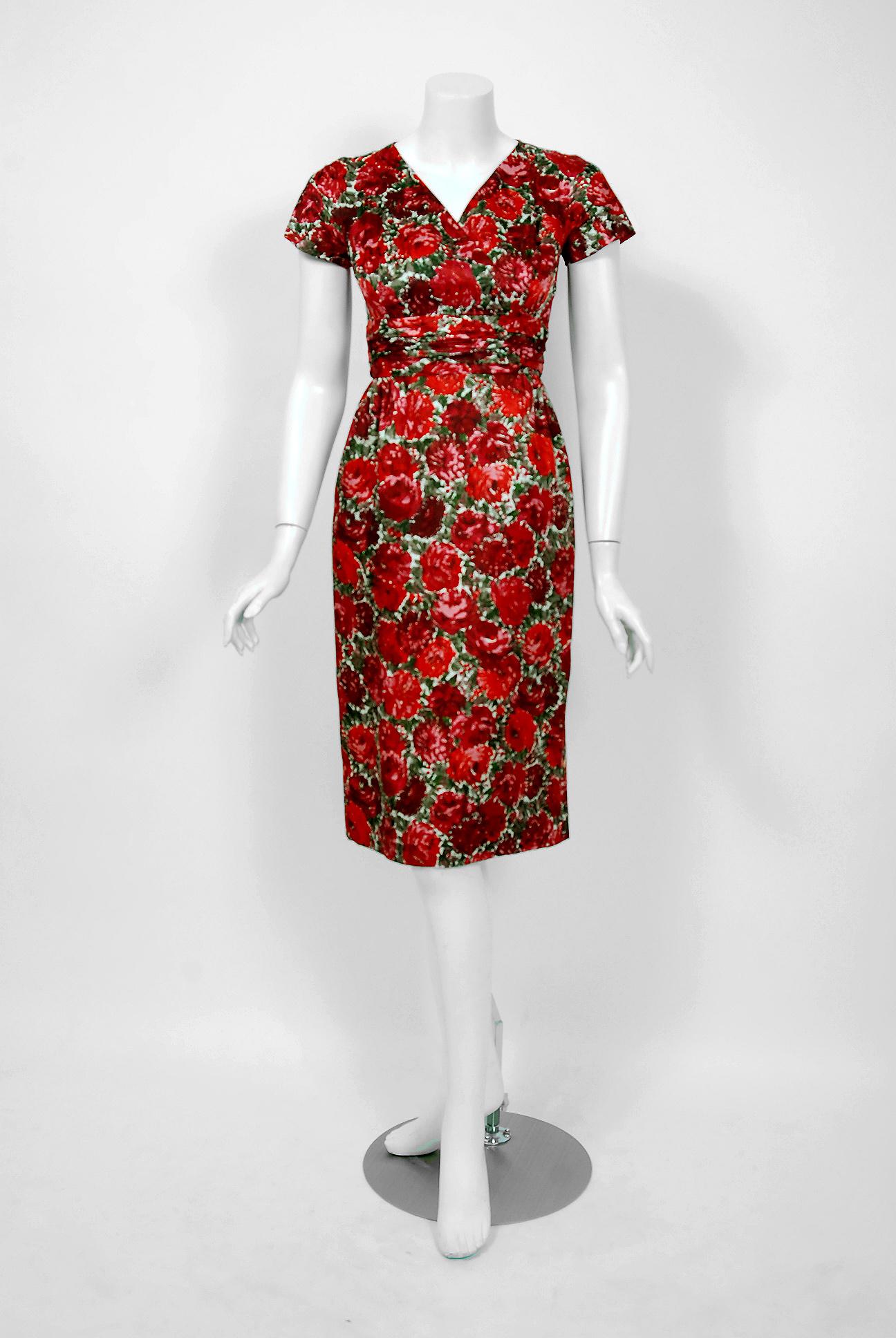 Women's 1960's Betty Draper of Mad Men Film-Worn Bonwit Teller Red Roses Silk Dress Set