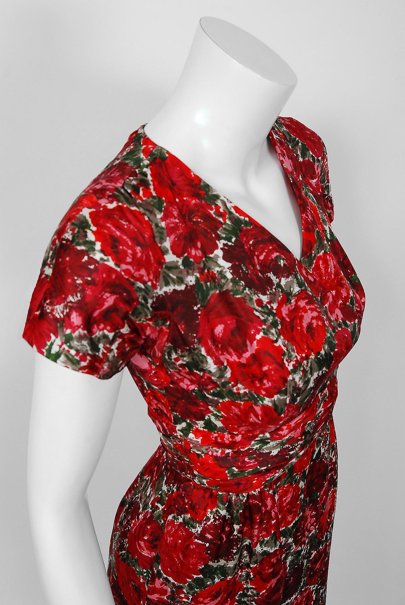 1960's Betty Draper of Mad Men Film-Worn Bonwit Teller Red Roses Silk Dress Set 1