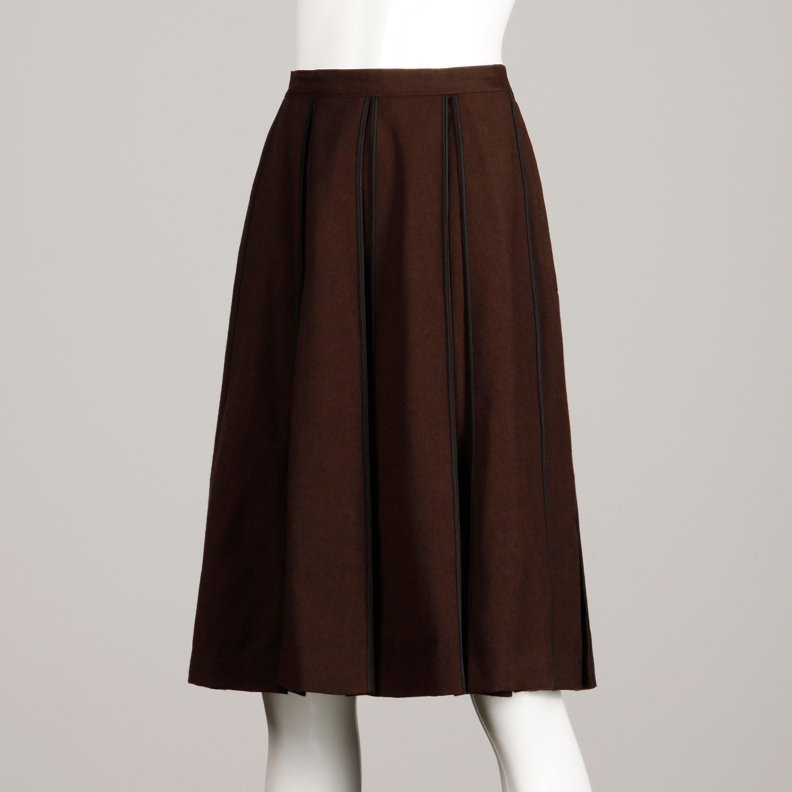 Women's 1960s B.H. Wragge Vintage Brown Wool Skirt with Box Pleats + Black Cord Trim For Sale