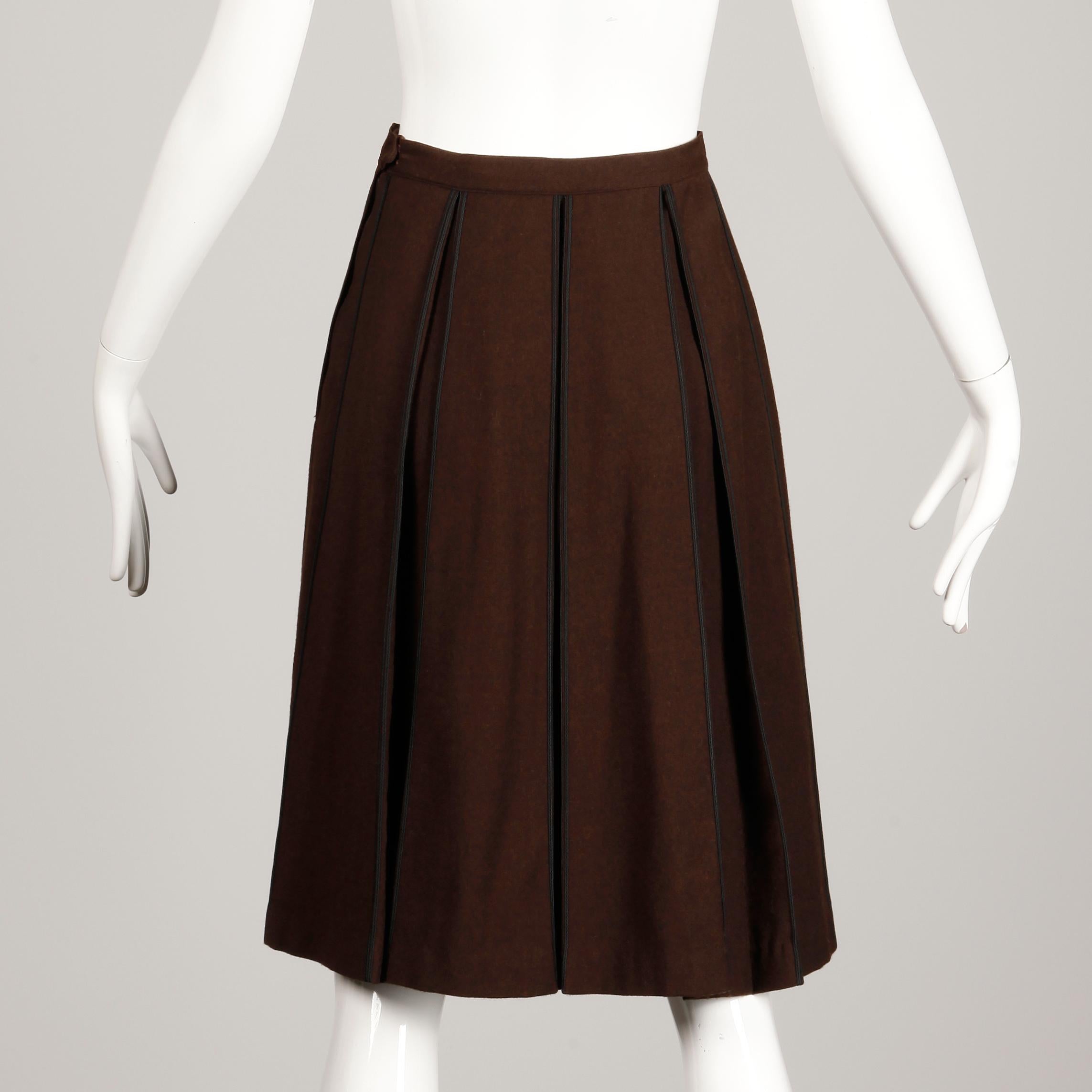 1960s B.H. Wragge Vintage Brown Wool Skirt with Box Pleats + Black Cord Trim For Sale 1