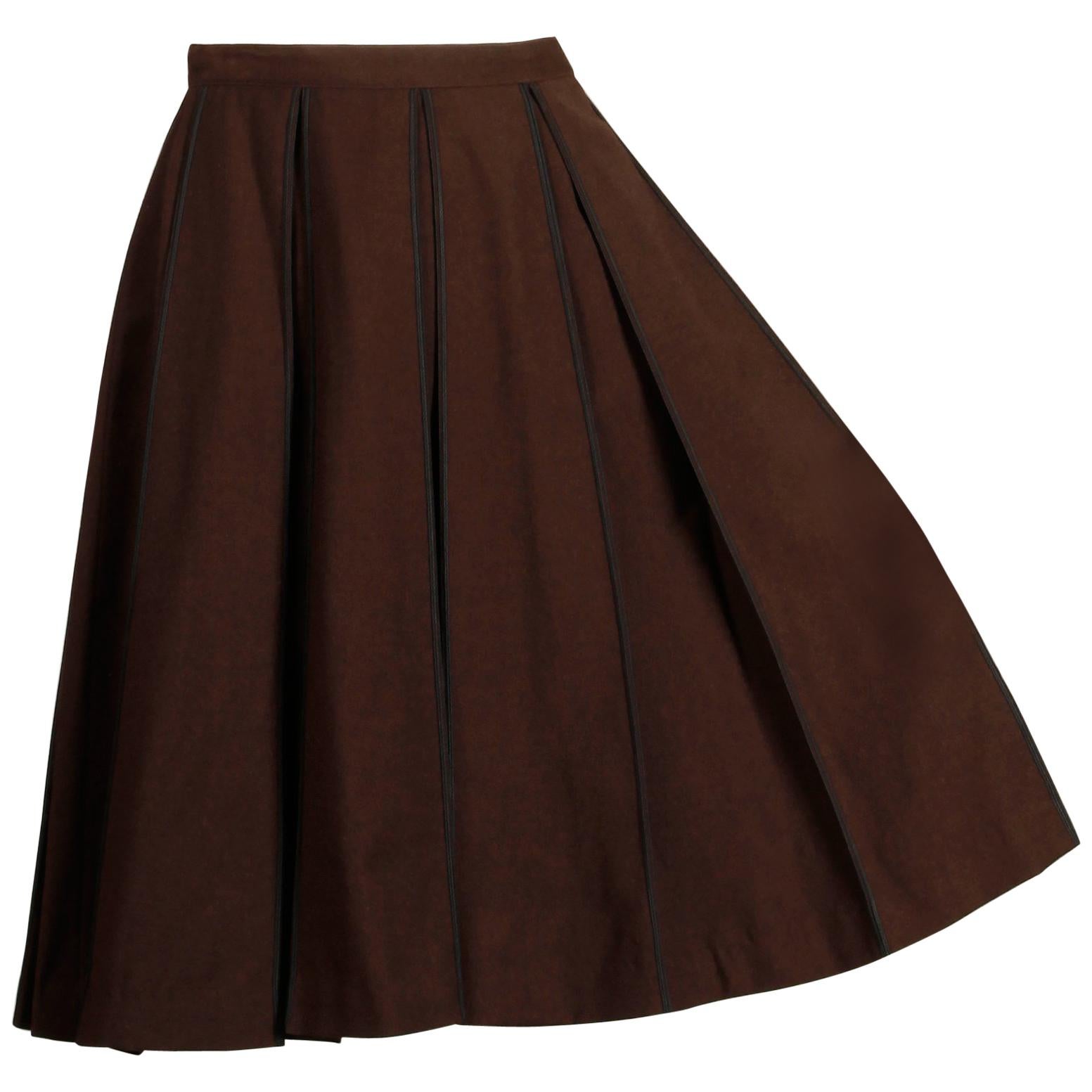 1960s B.H. Wragge Vintage Brown Wool Skirt with Box Pleats + Black Cord Trim For Sale