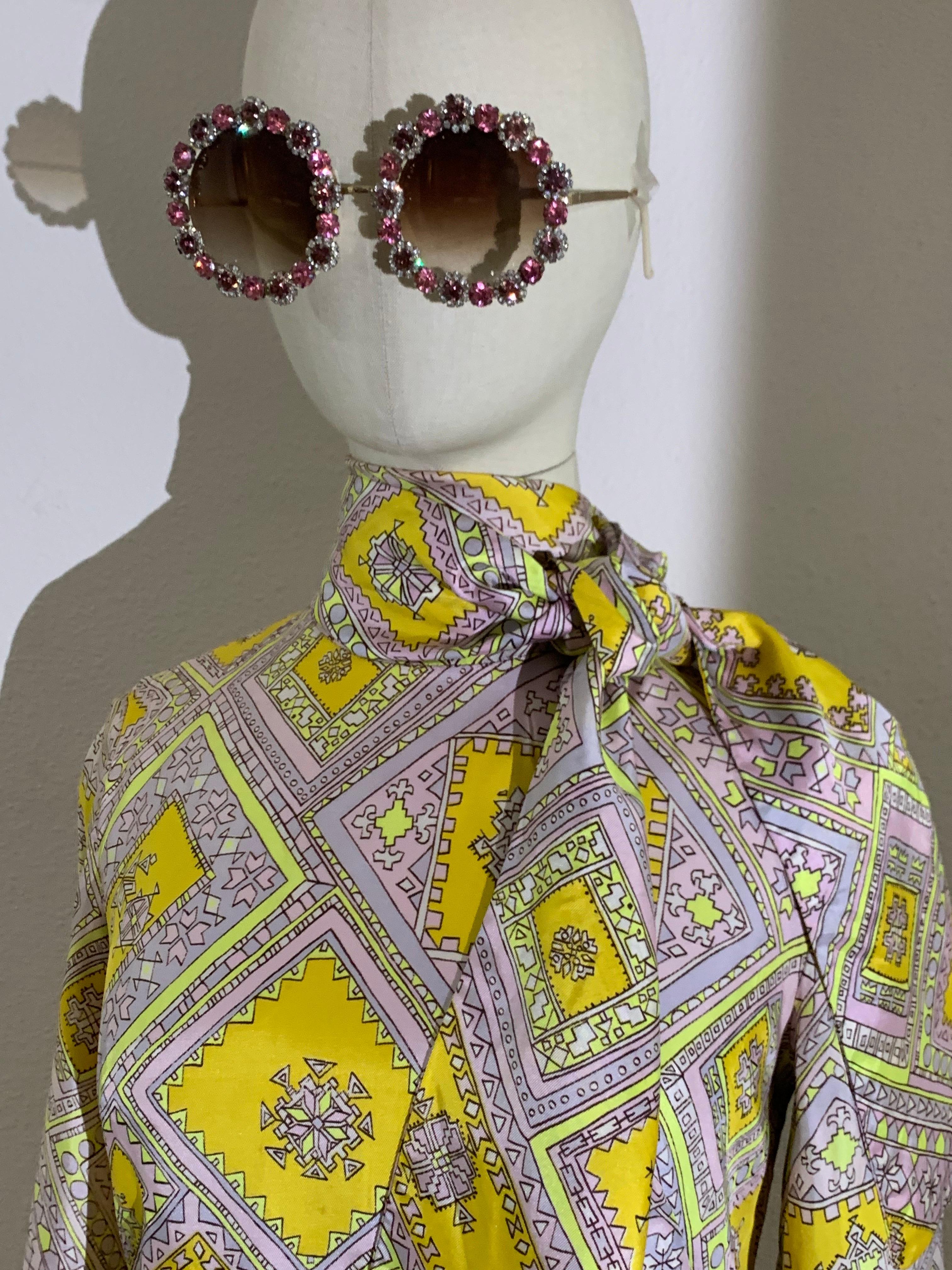 1960s Bias-Cut Satin Yellow & Lavender Tiled Medallion Print A-Line Dress w Bow For Sale 6