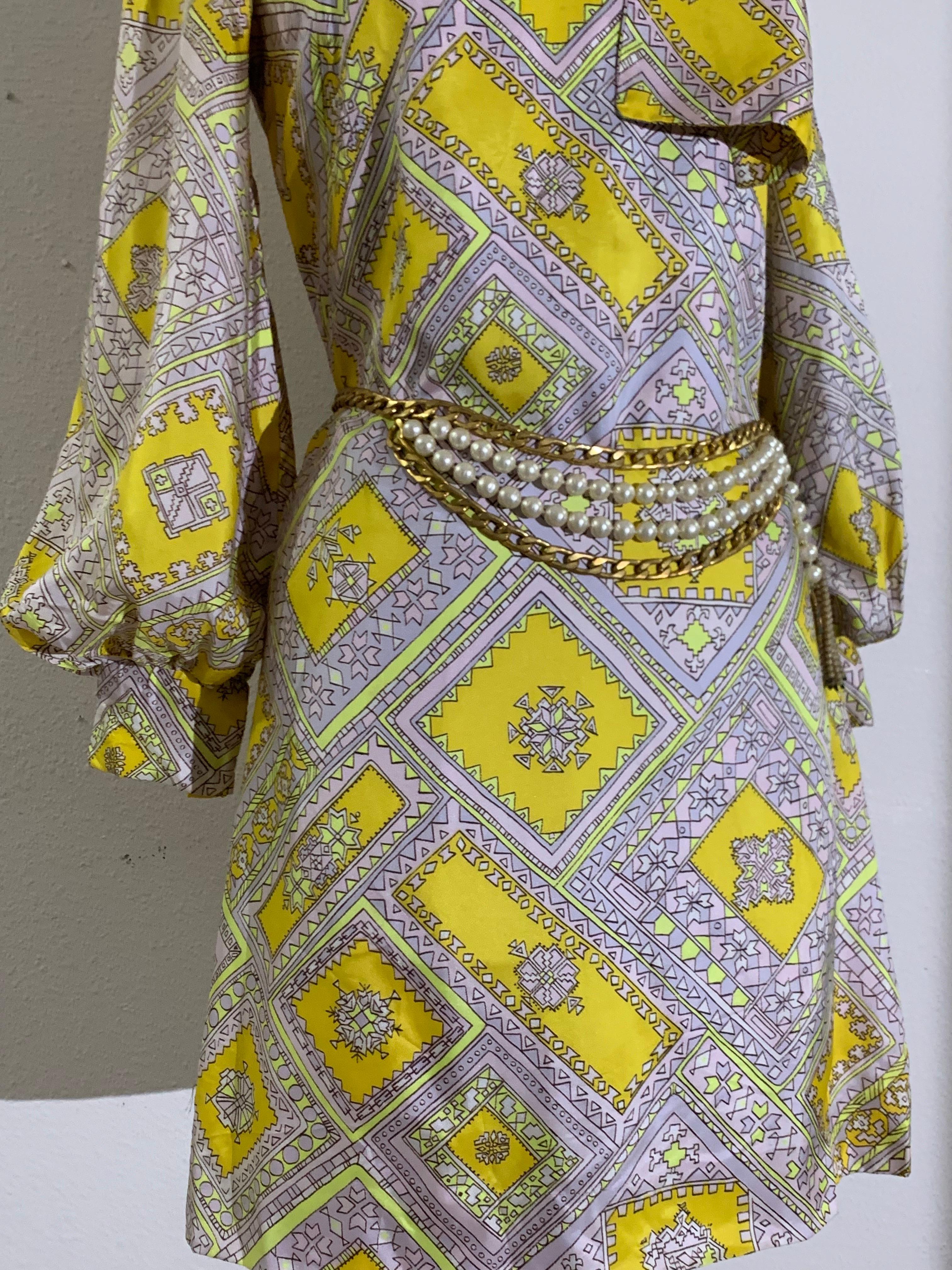 1960s Bias-Cut Satin Yellow & Lavender Tiled Medallion Print A-Line Dress w Bow In Excellent Condition For Sale In Gresham, OR
