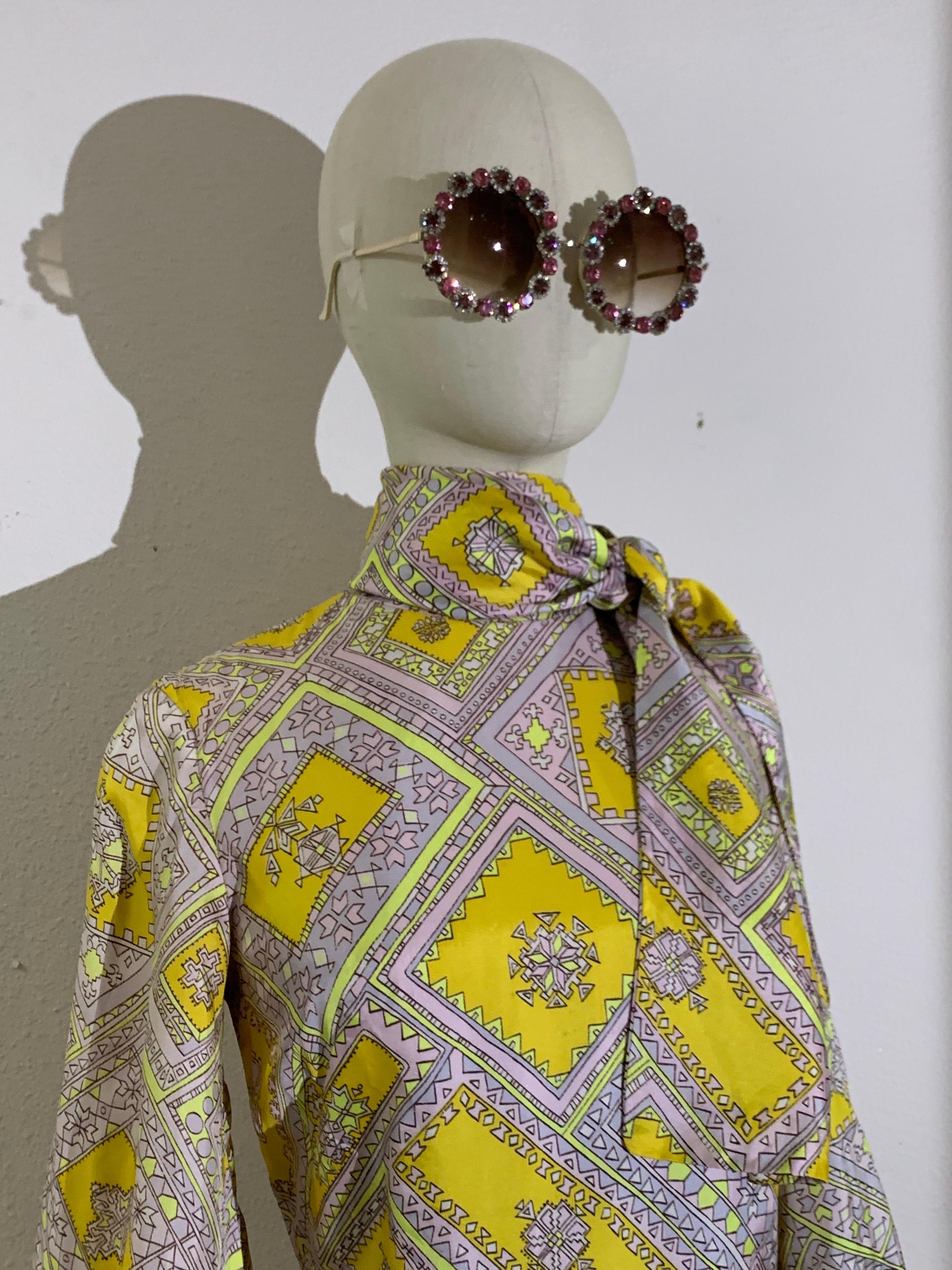 Women's 1960s Bias-Cut Satin Yellow & Lavender Tiled Medallion Print A-Line Dress w Bow For Sale