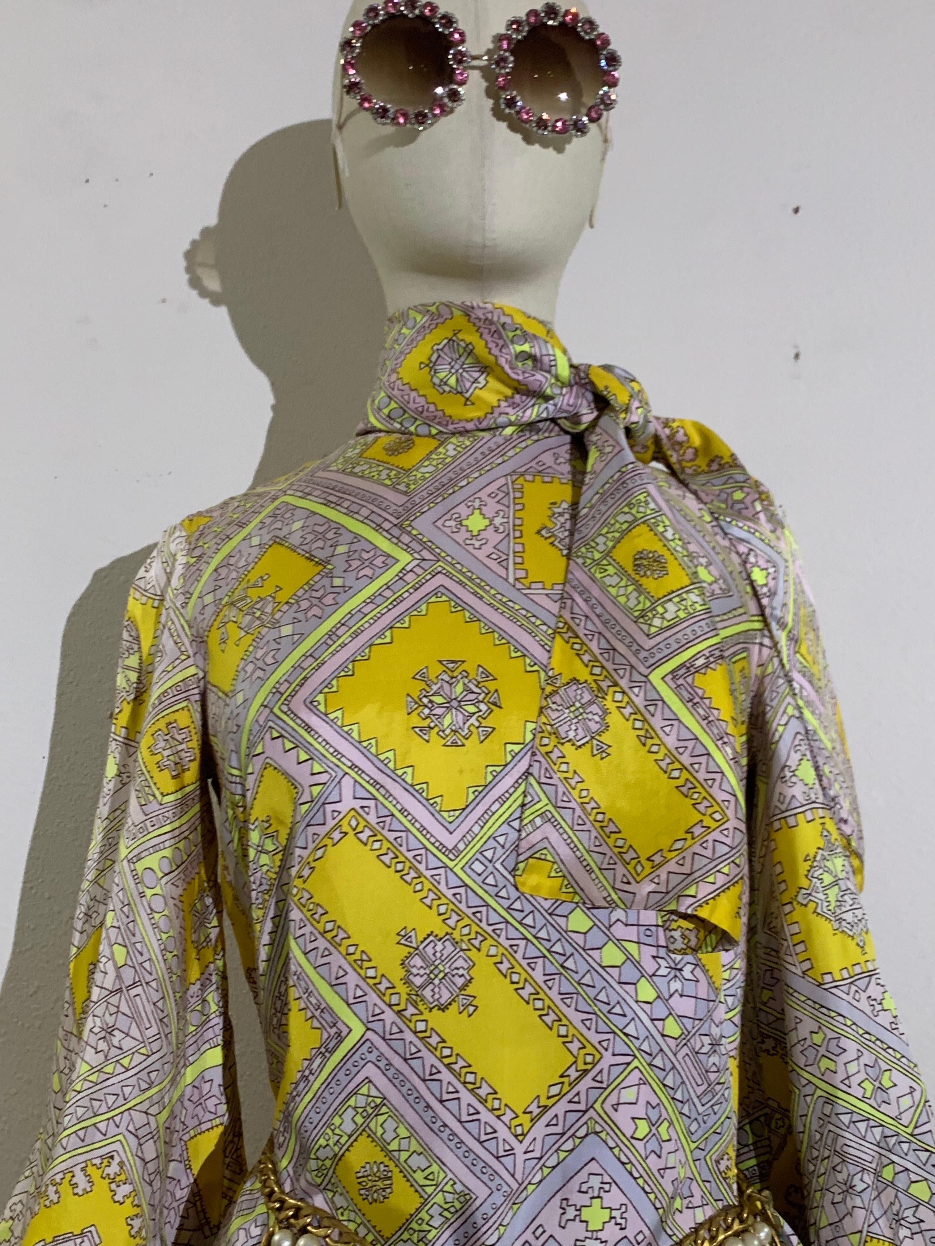 1960s Bias-Cut Satin Yellow & Lavender Tiled Medallion Print A-Line Dress w Bow For Sale 1