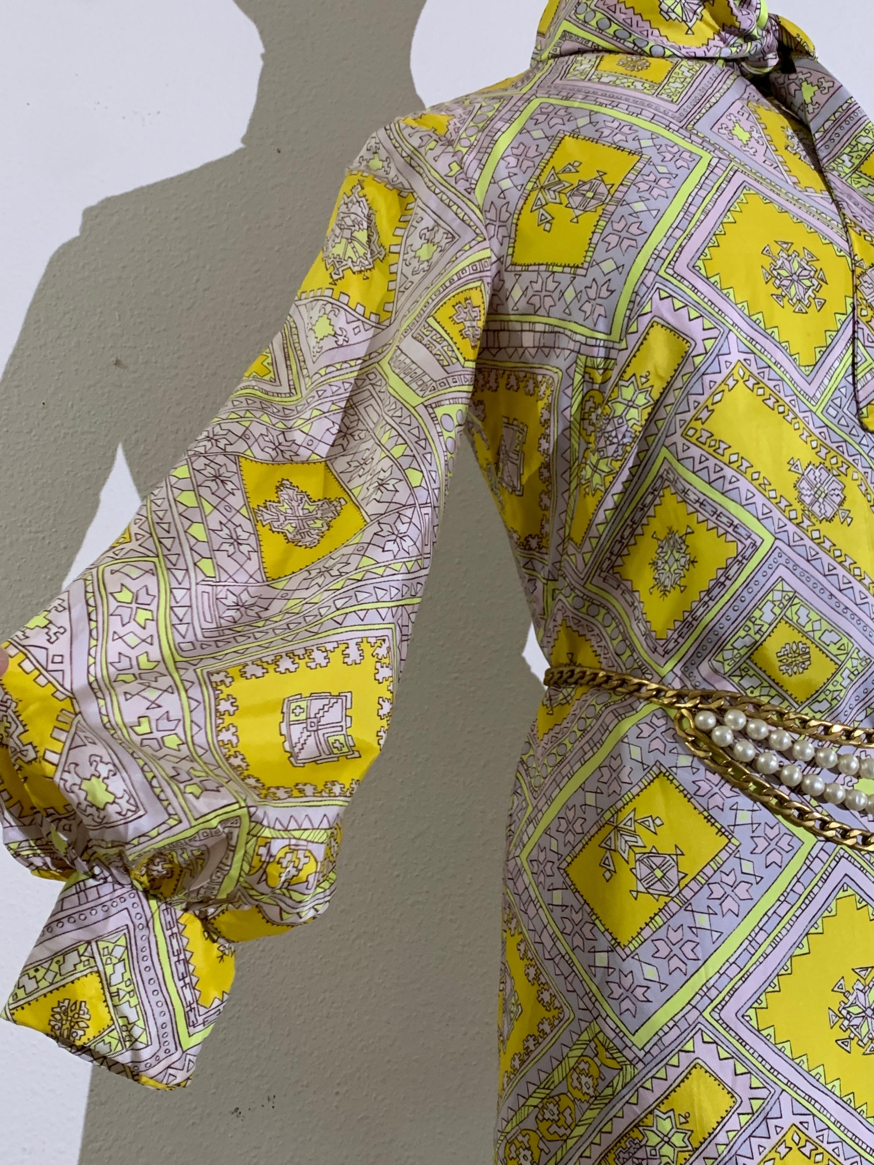 1960s Bias-Cut Satin Yellow & Lavender Tiled Medallion Print A-Line Dress w Bow For Sale 3