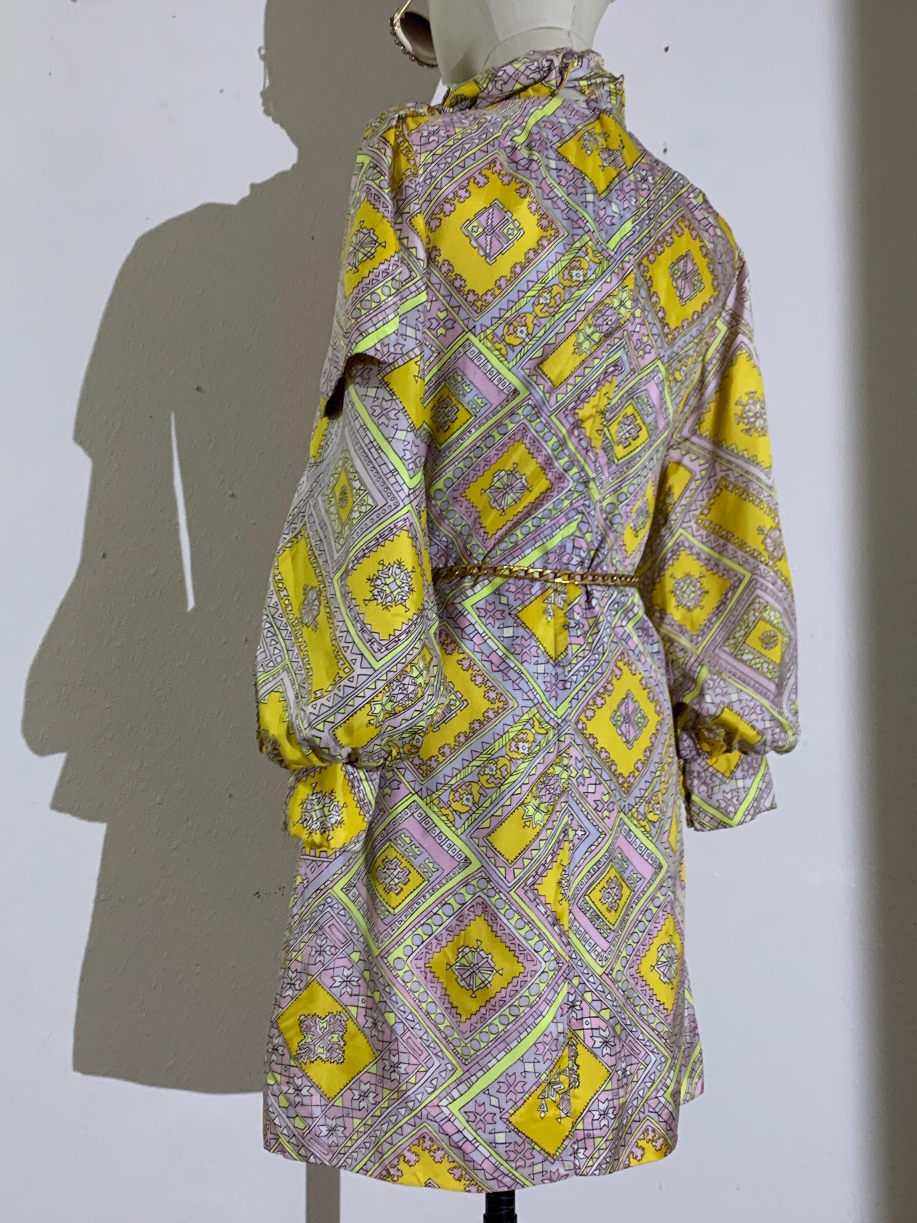 1960s Bias-Cut Satin Yellow & Lavender Tiled Medallion Print A-Line Dress w Bow For Sale 4
