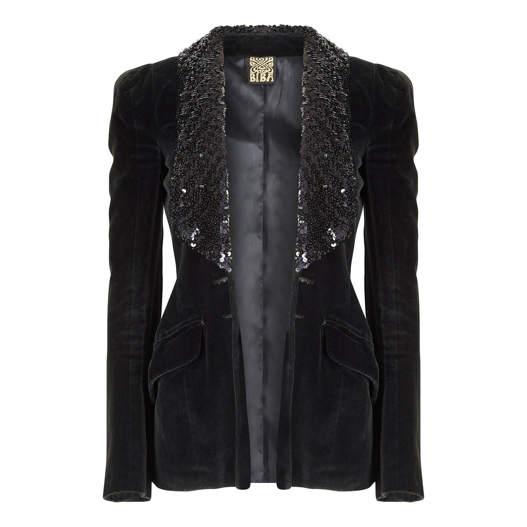 1960s Biba Early Woven Label Black Velvet and Sequin Lapel Jacket at  1stDibs | biba sequin jacket, biba jacket sale, biba velvet jacket