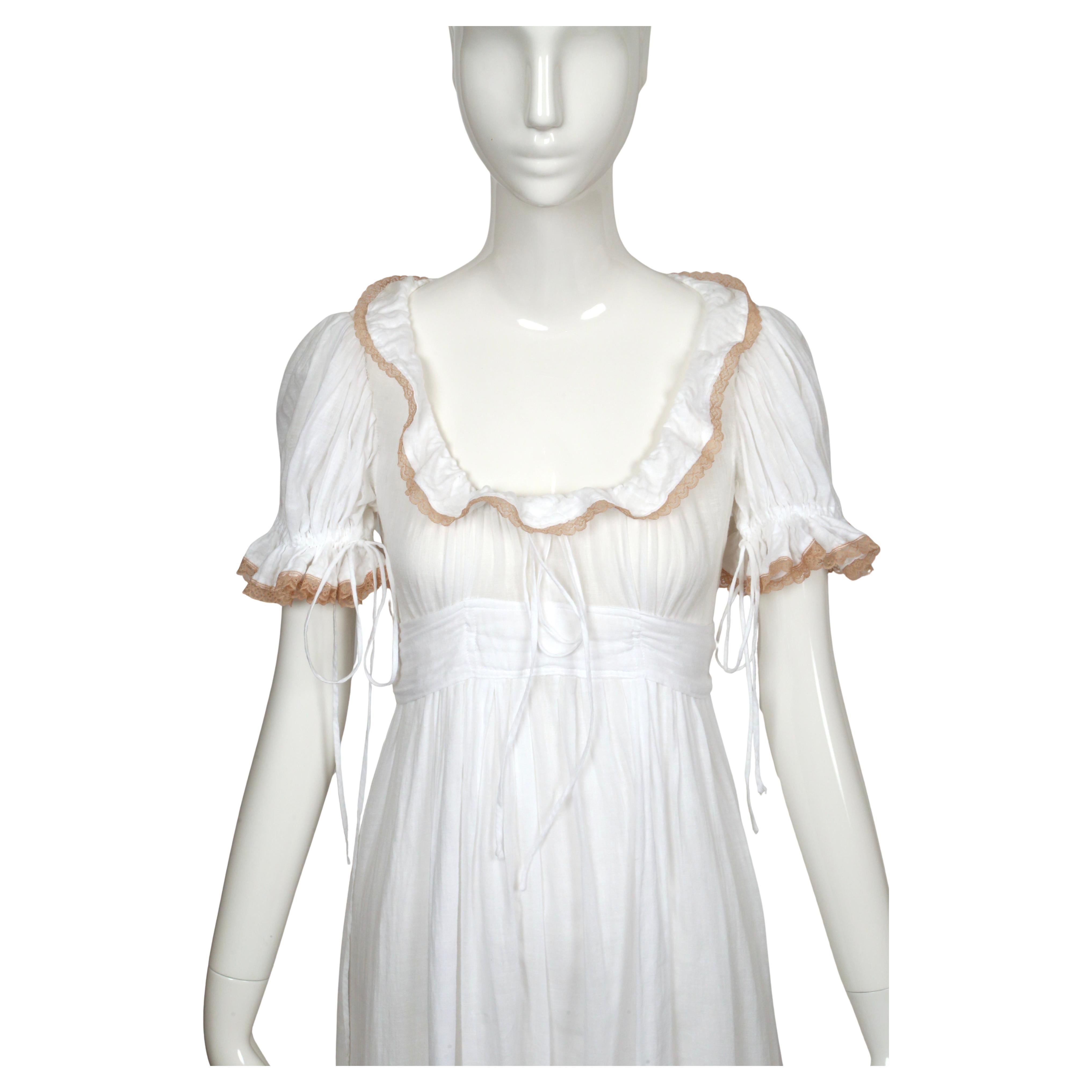 Gray 1960's BIBA long white cotton gauze dress with lace trim