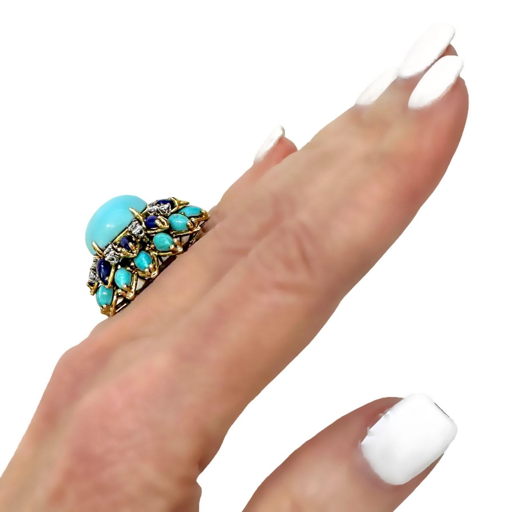 1960s Big, Bold, Yellow Gold, Turquoise, Lapis-Lazuli and Diamond Cocktail Ring 6