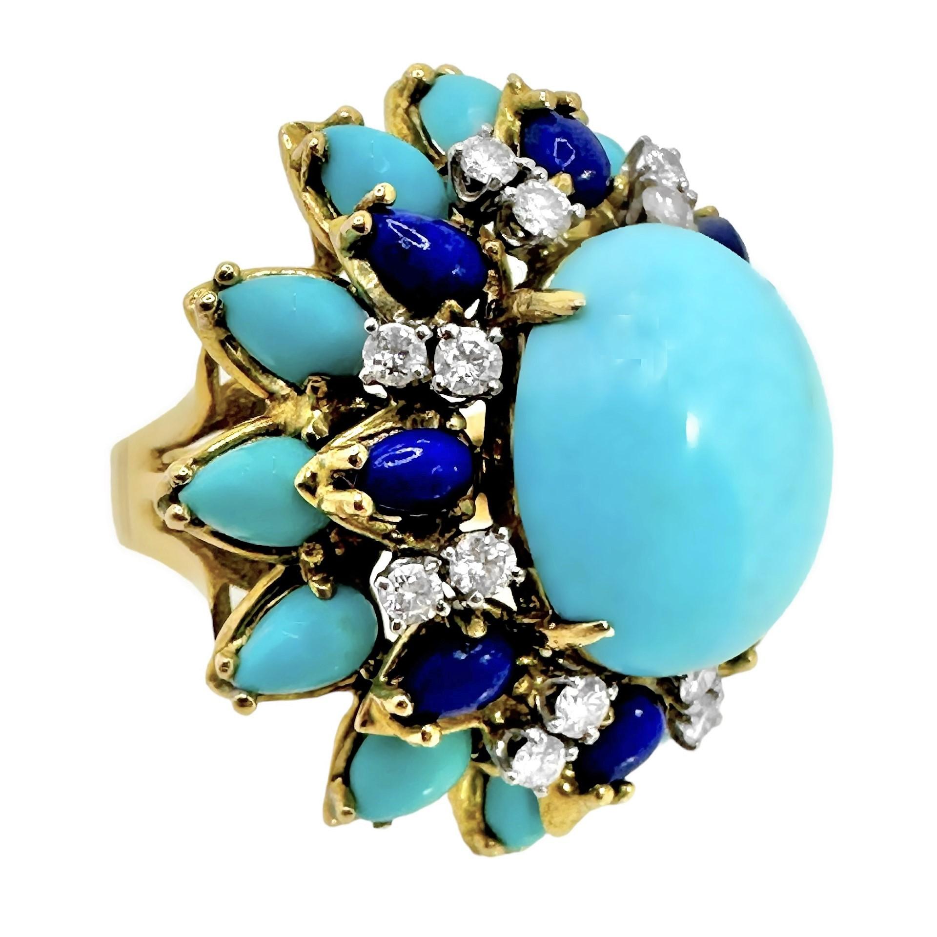 This very lovely and large scale, Mid-20th Century cocktail ring, fashioned from 14k yellow gold, is truly the personification of the big, bold and expansive feeling of the 1960's. It is a high dome design with one oval turquoise cabochon measuring