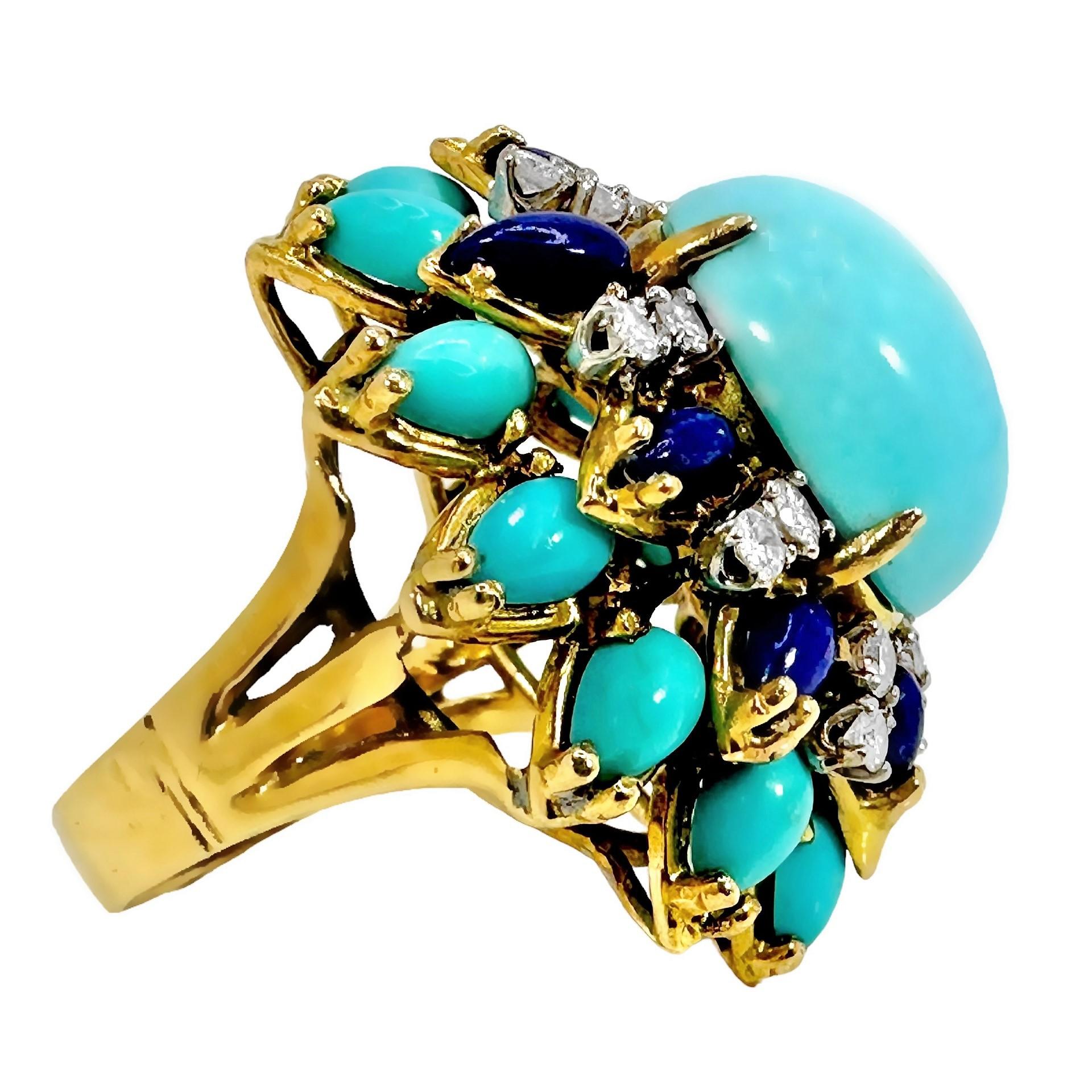 Modern 1960s Big, Bold, Yellow Gold, Turquoise, Lapis-Lazuli and Diamond Cocktail Ring