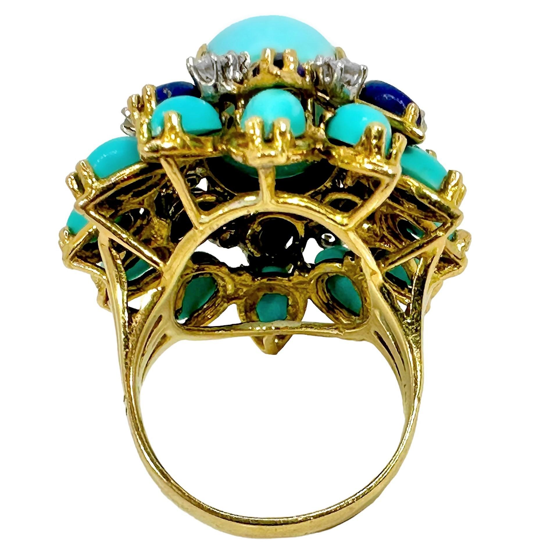 Brilliant Cut 1960s Big, Bold, Yellow Gold, Turquoise, Lapis-Lazuli and Diamond Cocktail Ring
