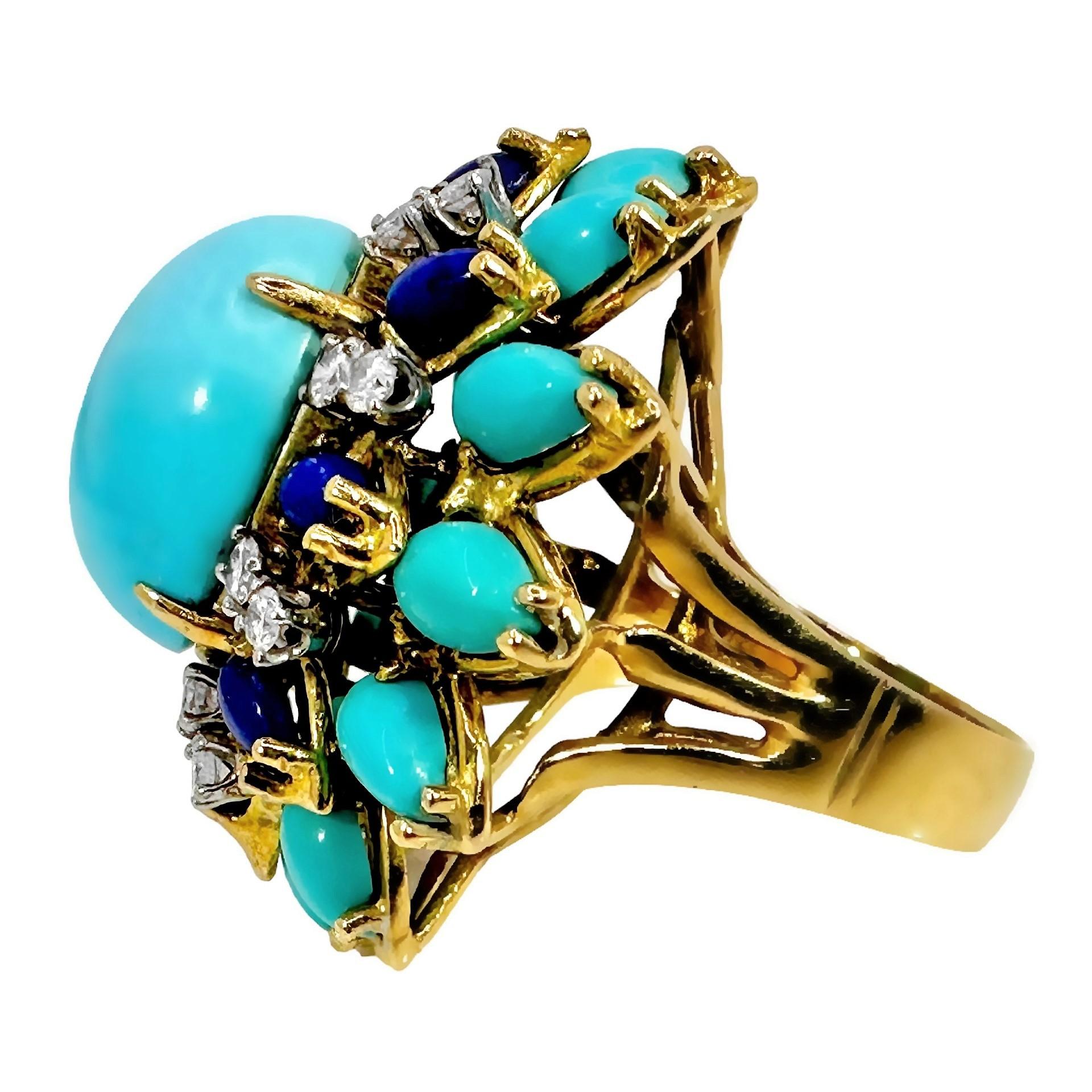 1960s Big, Bold, Yellow Gold, Turquoise, Lapis-Lazuli and Diamond Cocktail Ring In Good Condition In Palm Beach, FL