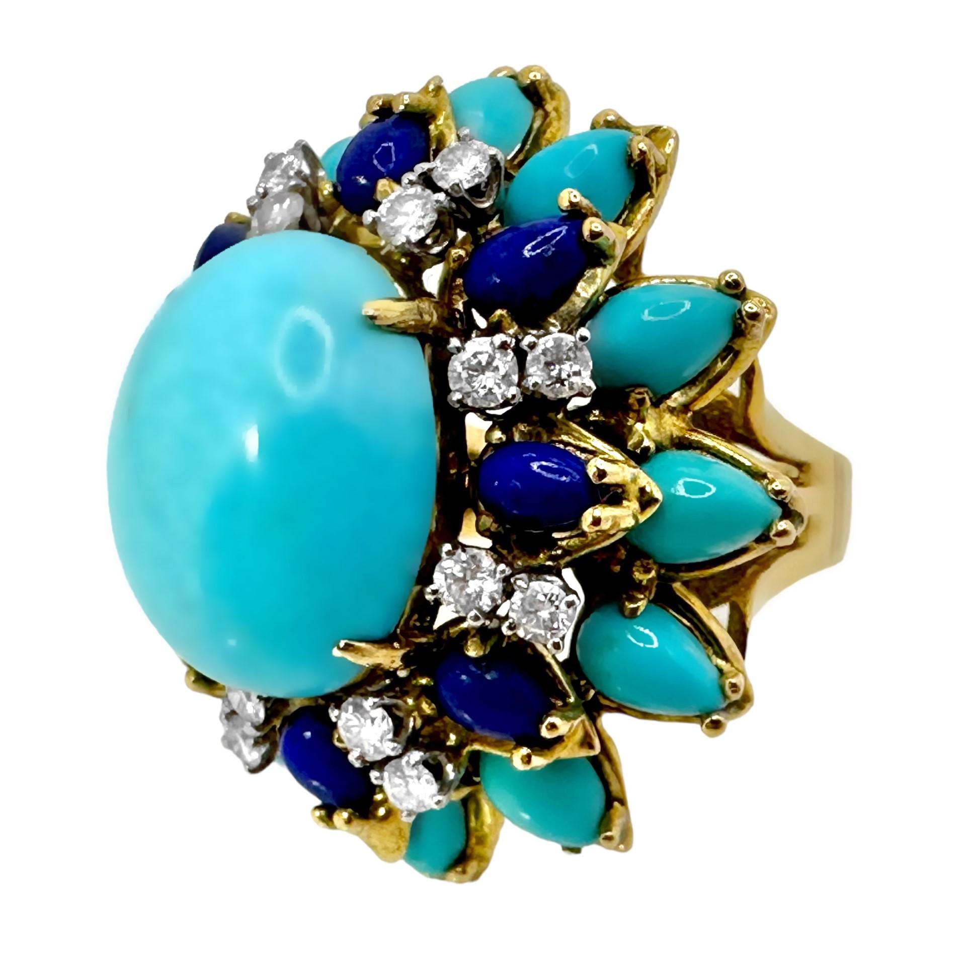 Women's 1960s Big, Bold, Yellow Gold, Turquoise, Lapis-Lazuli and Diamond Cocktail Ring