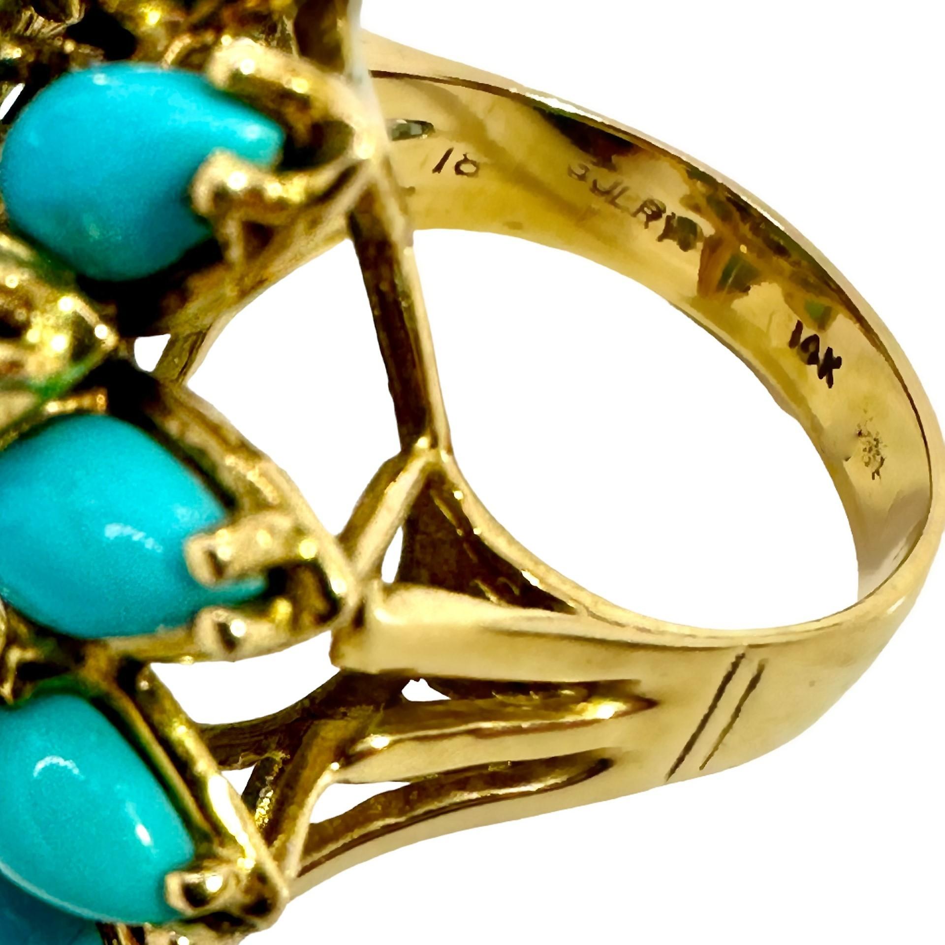 1960s Big, Bold, Yellow Gold, Turquoise, Lapis-Lazuli and Diamond Cocktail Ring 1