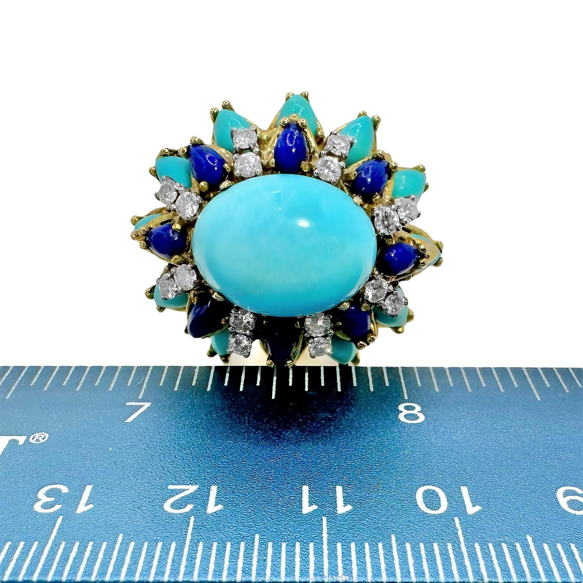 1960s Big, Bold, Yellow Gold, Turquoise, Lapis-Lazuli and Diamond Cocktail Ring 3