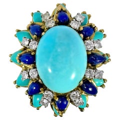 1960s Big, Bold, Yellow Gold, Turquoise, Lapis-Lazuli and Diamond Cocktail Ring