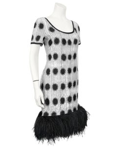 1960's Bill Blass Black and White Sequin Dress With Feather Trim