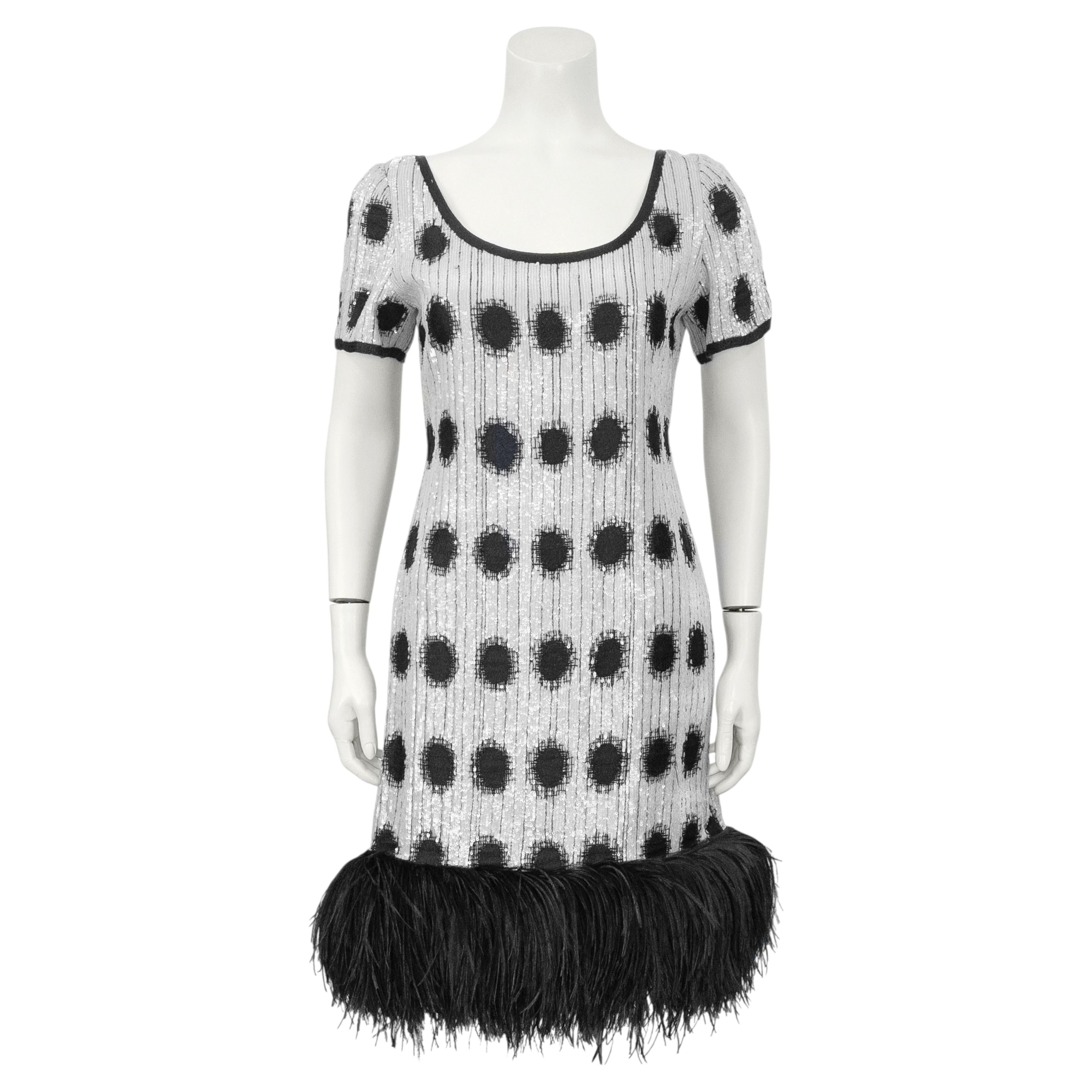 1960's Bill Blass Black and White Sequin Dress With Feather Trim