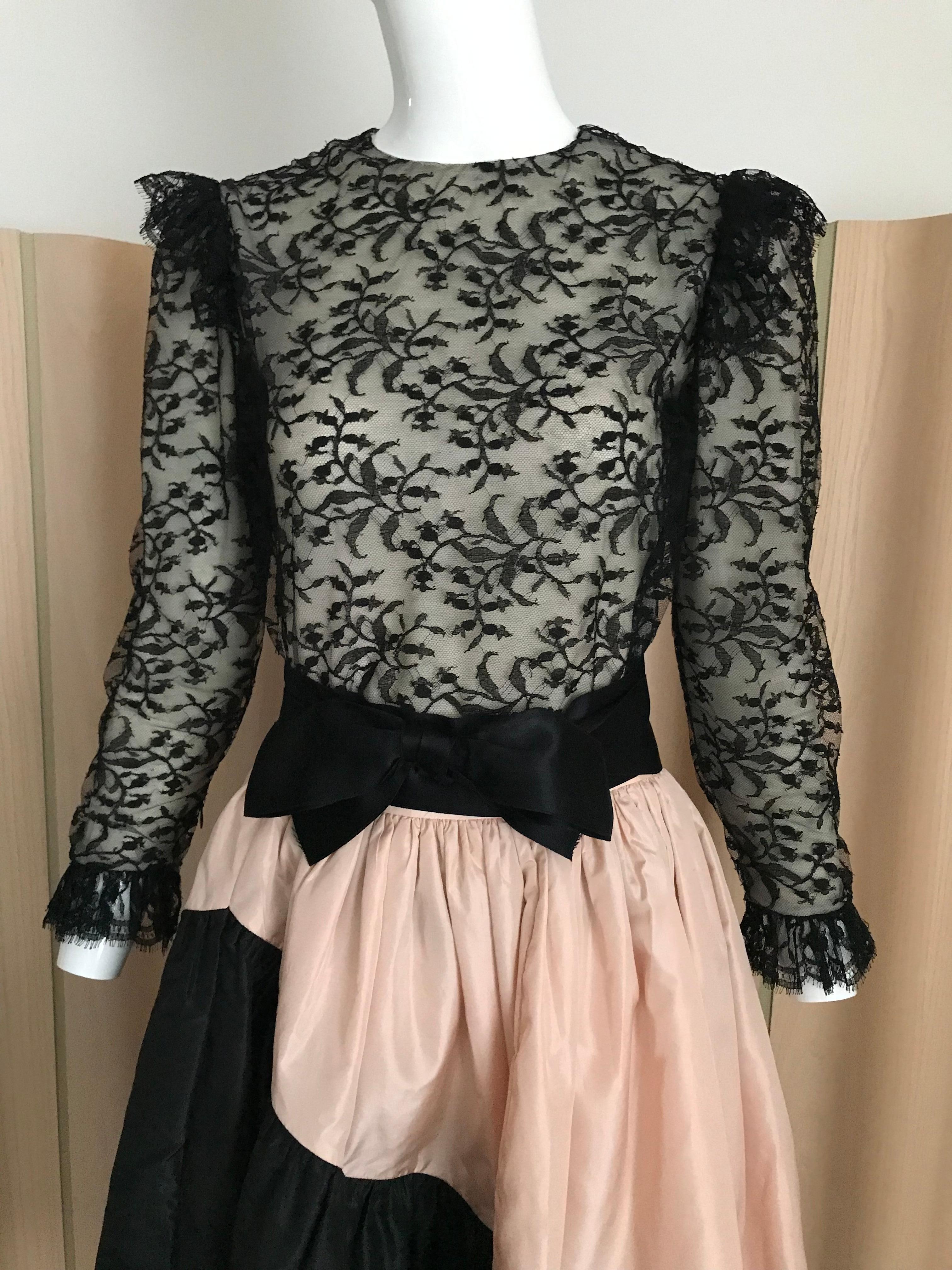 1960s Bill Blass Black Lace Silk Blouse with Silk Taffeta Circle Skirt In Good Condition In Beverly Hills, CA
