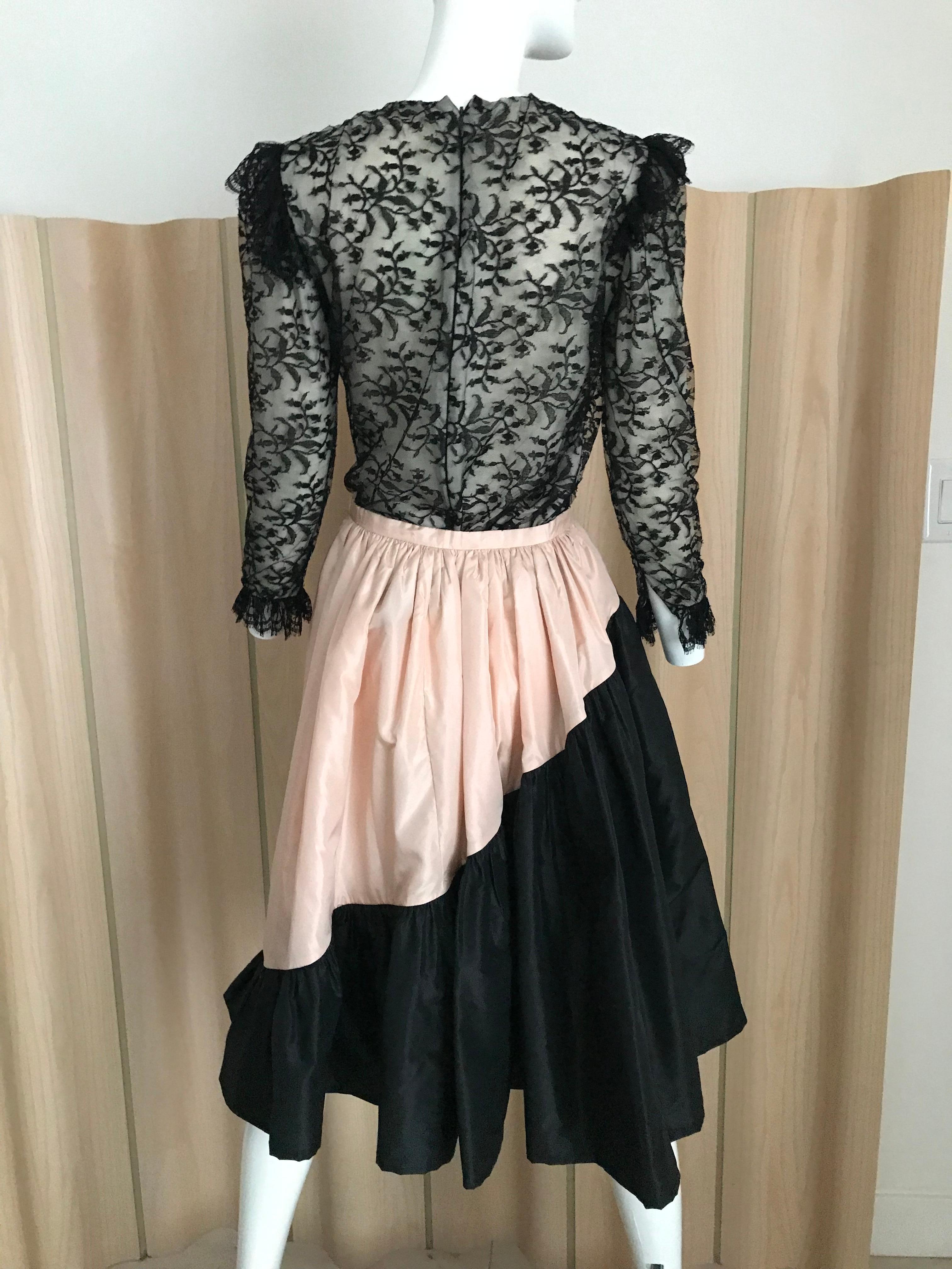 Women's 1960s Bill Blass Black Lace Silk Blouse with Silk Taffeta Circle Skirt
