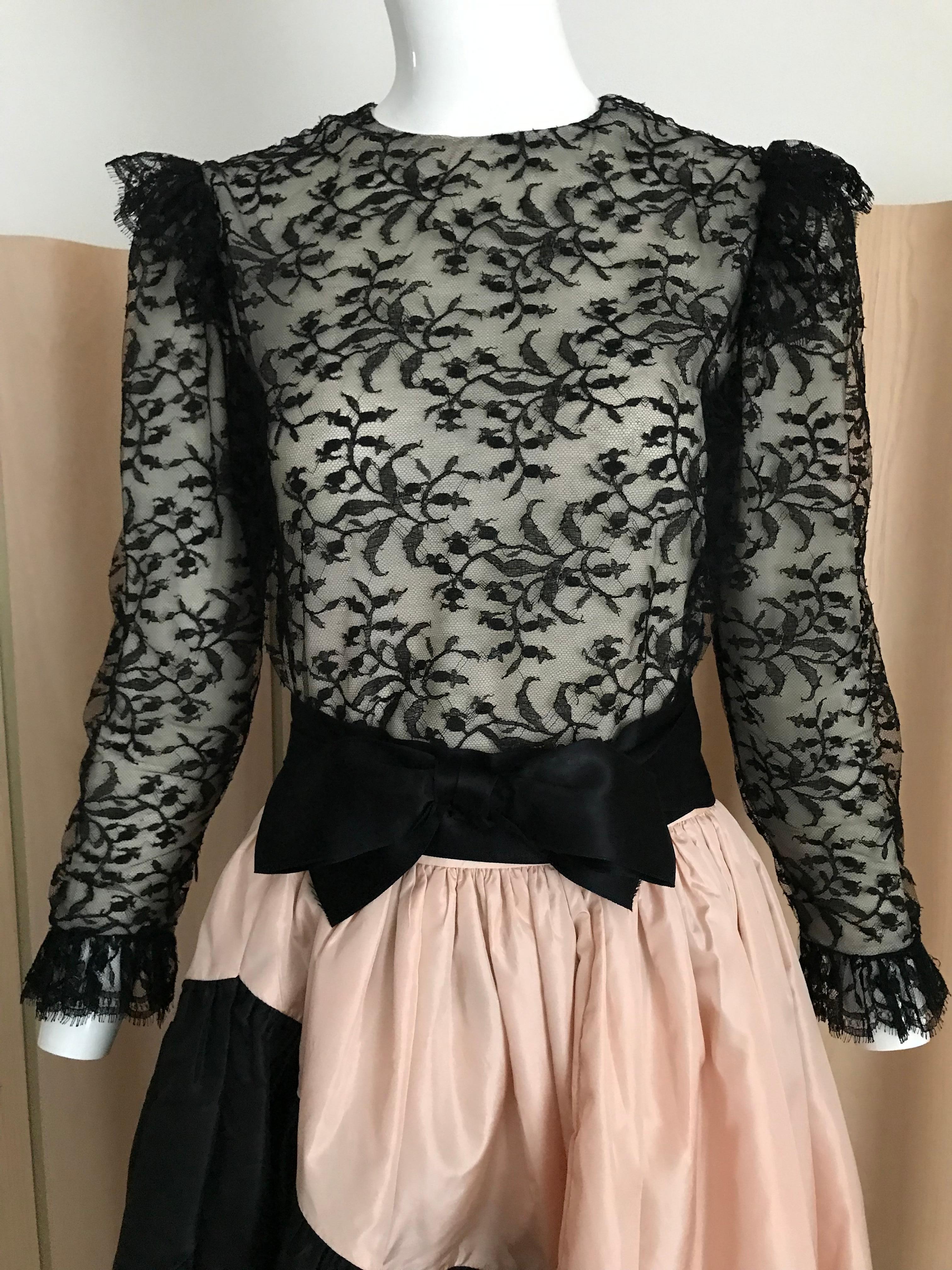 1960s Bill Blass Black Lace Silk Blouse with Silk Taffeta Circle Skirt 1