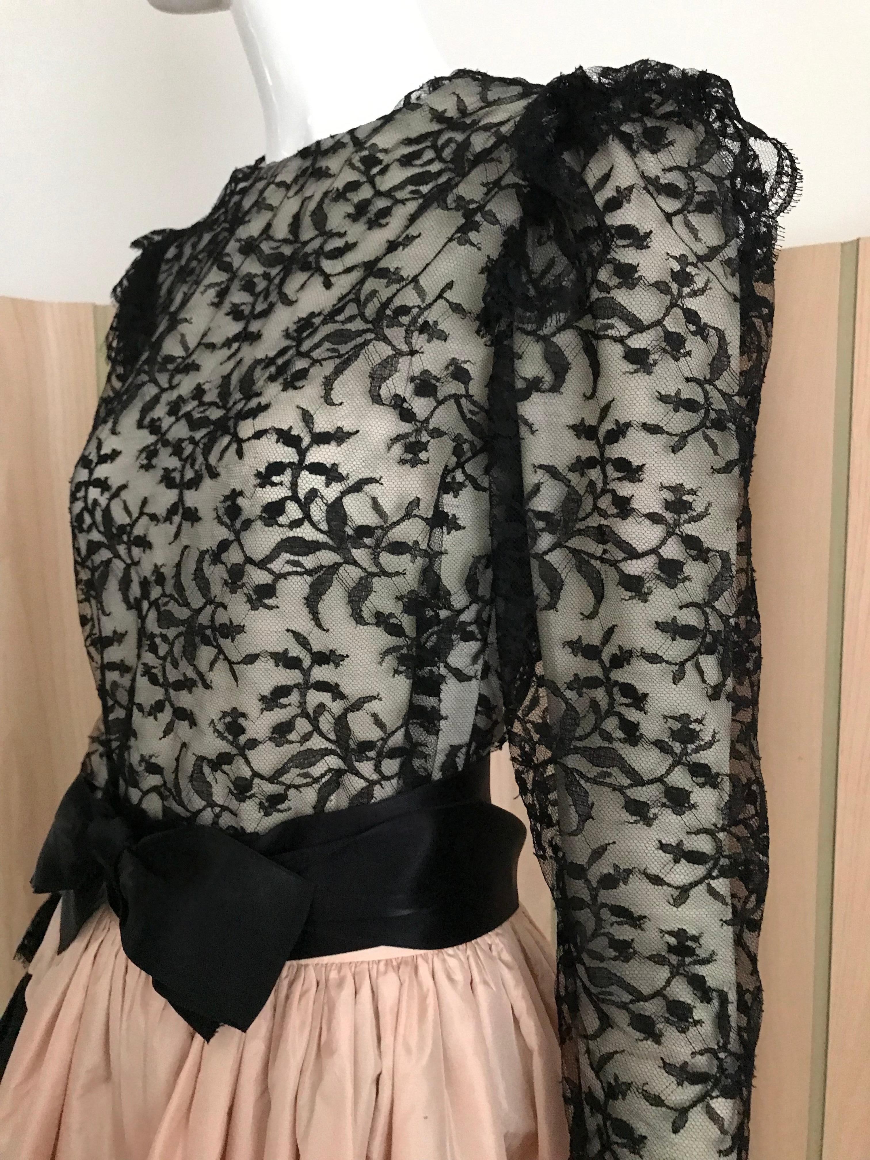 1960s Bill Blass Black Lace Silk Blouse with Silk Taffeta Circle Skirt 2