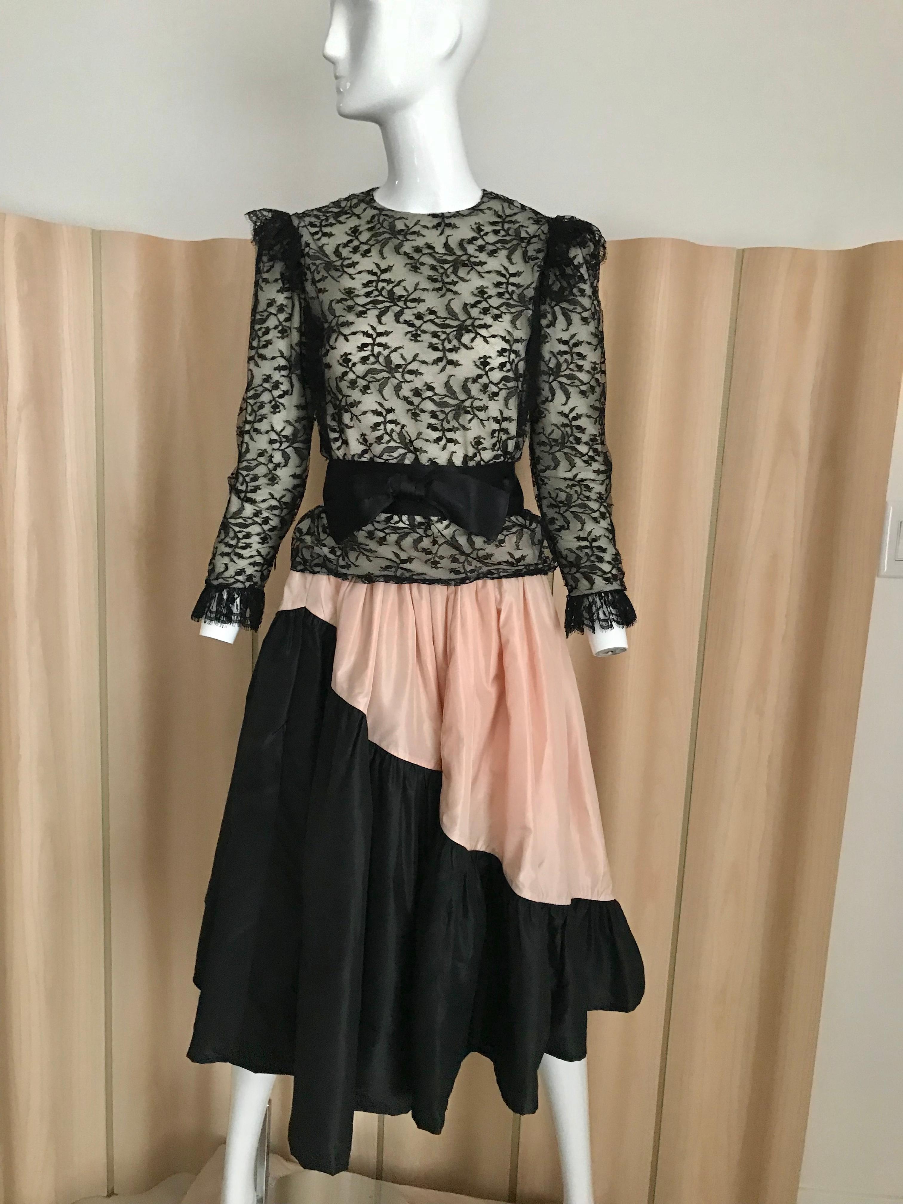 1960s Bill Blass Black Lace Silk Blouse with Silk Taffeta Circle Skirt 3