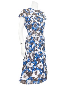 1960's Bill Blass Floral Blue, White & Bronze Hand Sequinned Cocktail Dress