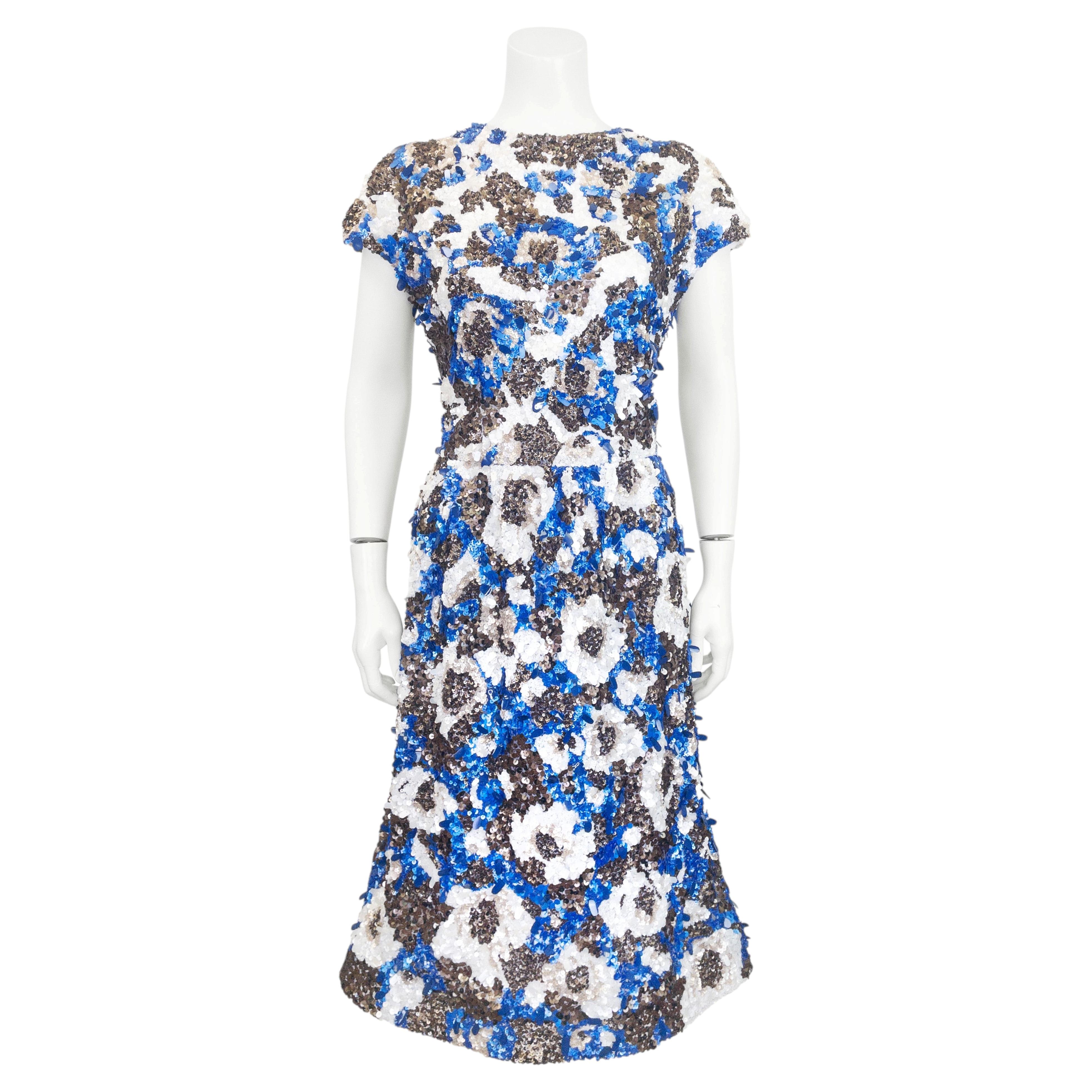 Pre-owned Bill Blass 1960's Floral Blue, White & Bronze Hand Sequinned Cocktail Dress