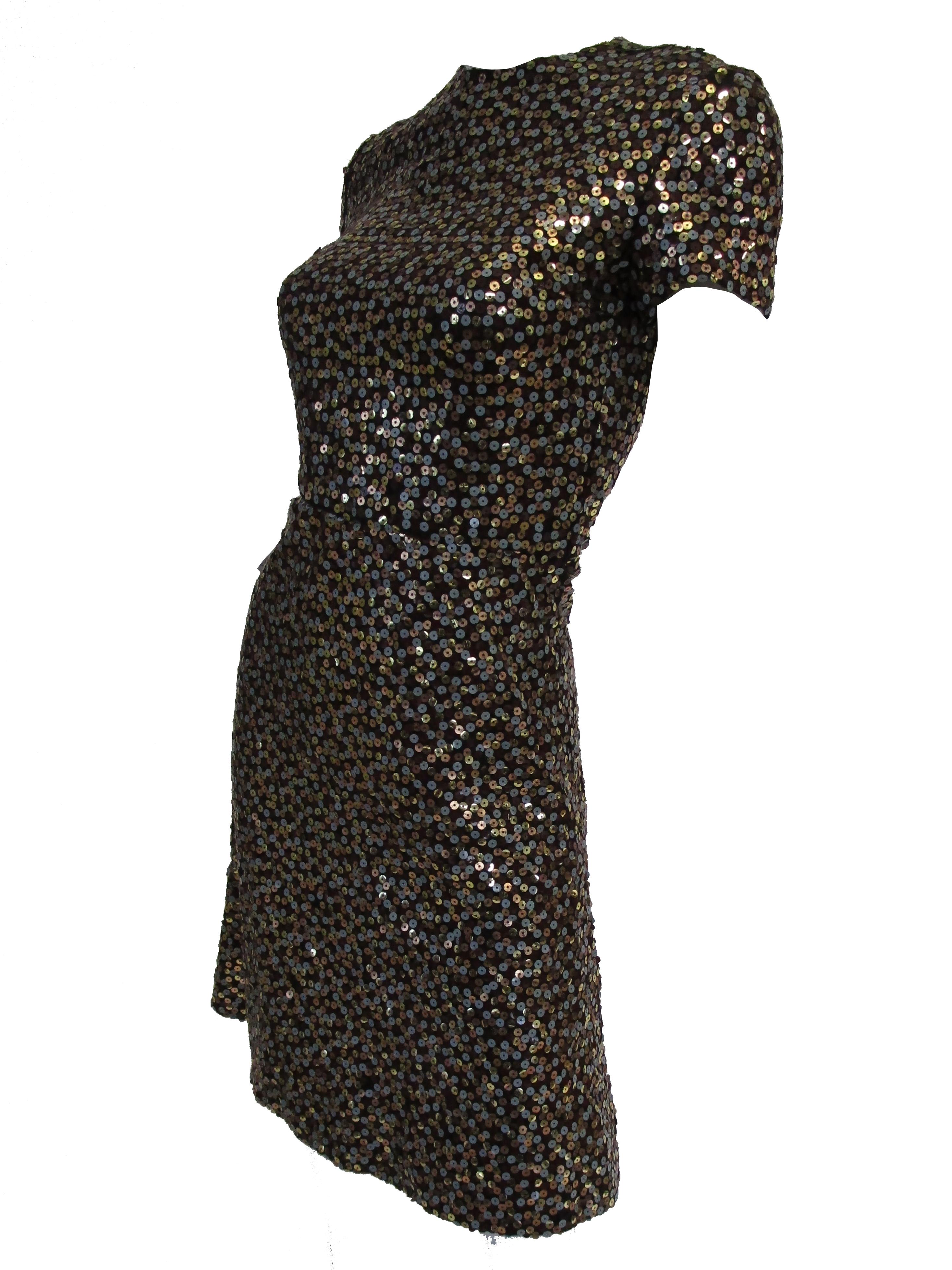 1960s Bill Blass Grey and Gold Sequin Dress with Sequin Lined Jacket xxs In Good Condition In Houston, TX