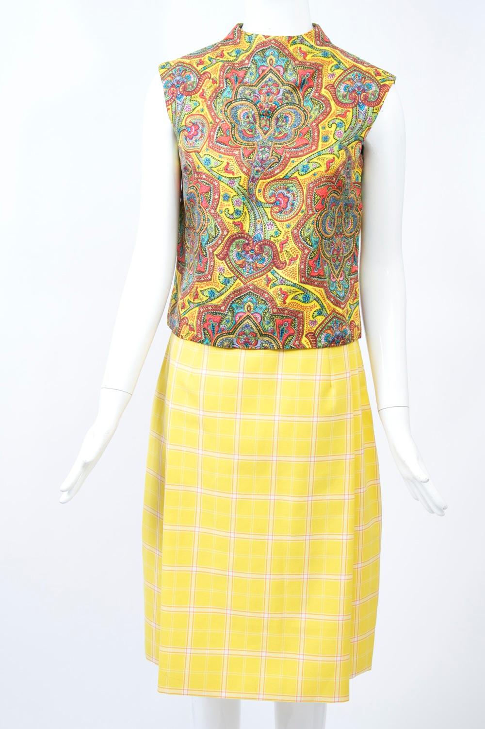 Costume trois pièces jaune Bill Blass des années 1960 avec coquille cachemire en vente 1